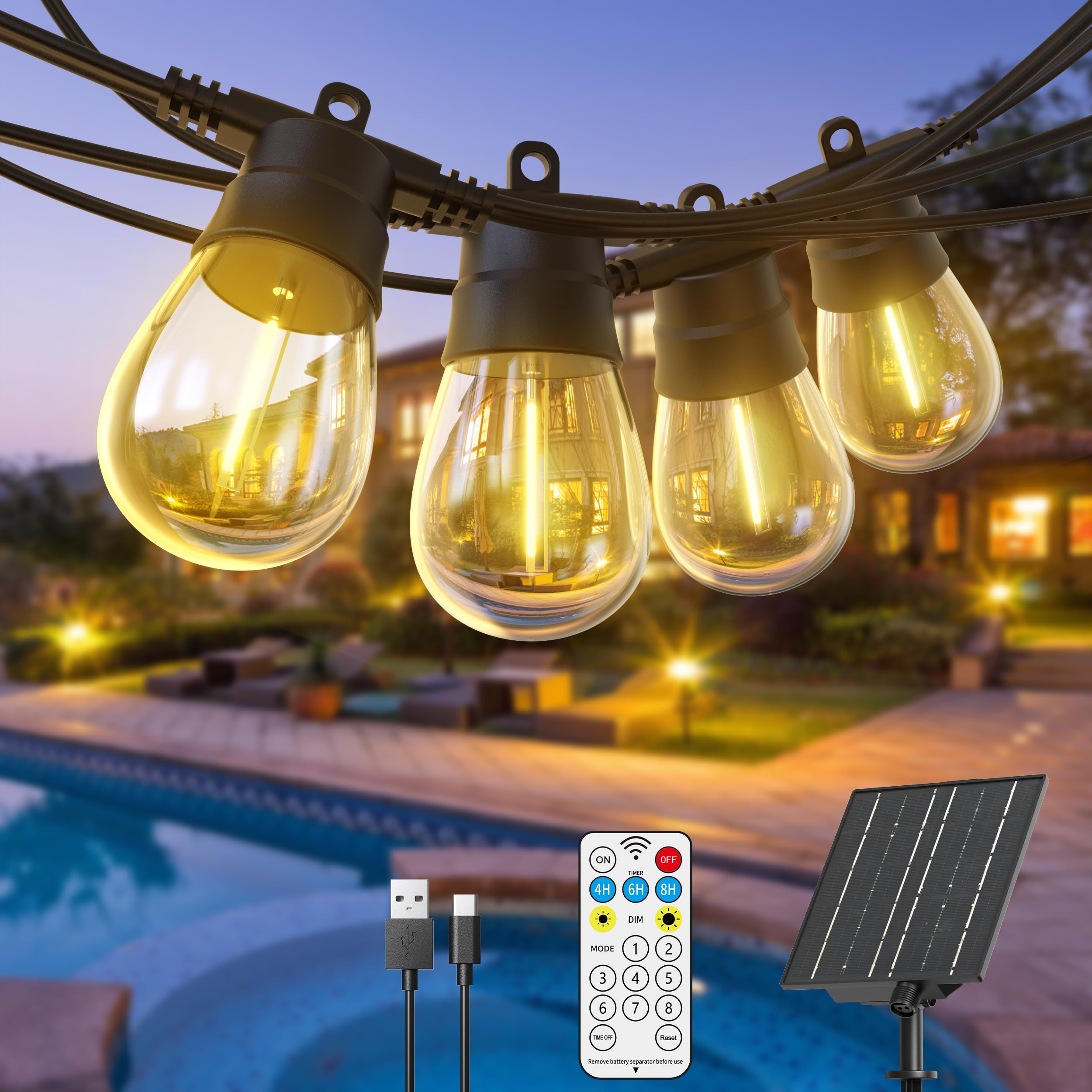 GlobaLink 11.3M Solar Festoon Lights Outdoor, 10-Bulb S14 Dimmable Solar String Lights with Remote, 8 Lighting Modes & Timer, 2700K Warm White, IP65 Waterproof for Garden & Patio Gazebo