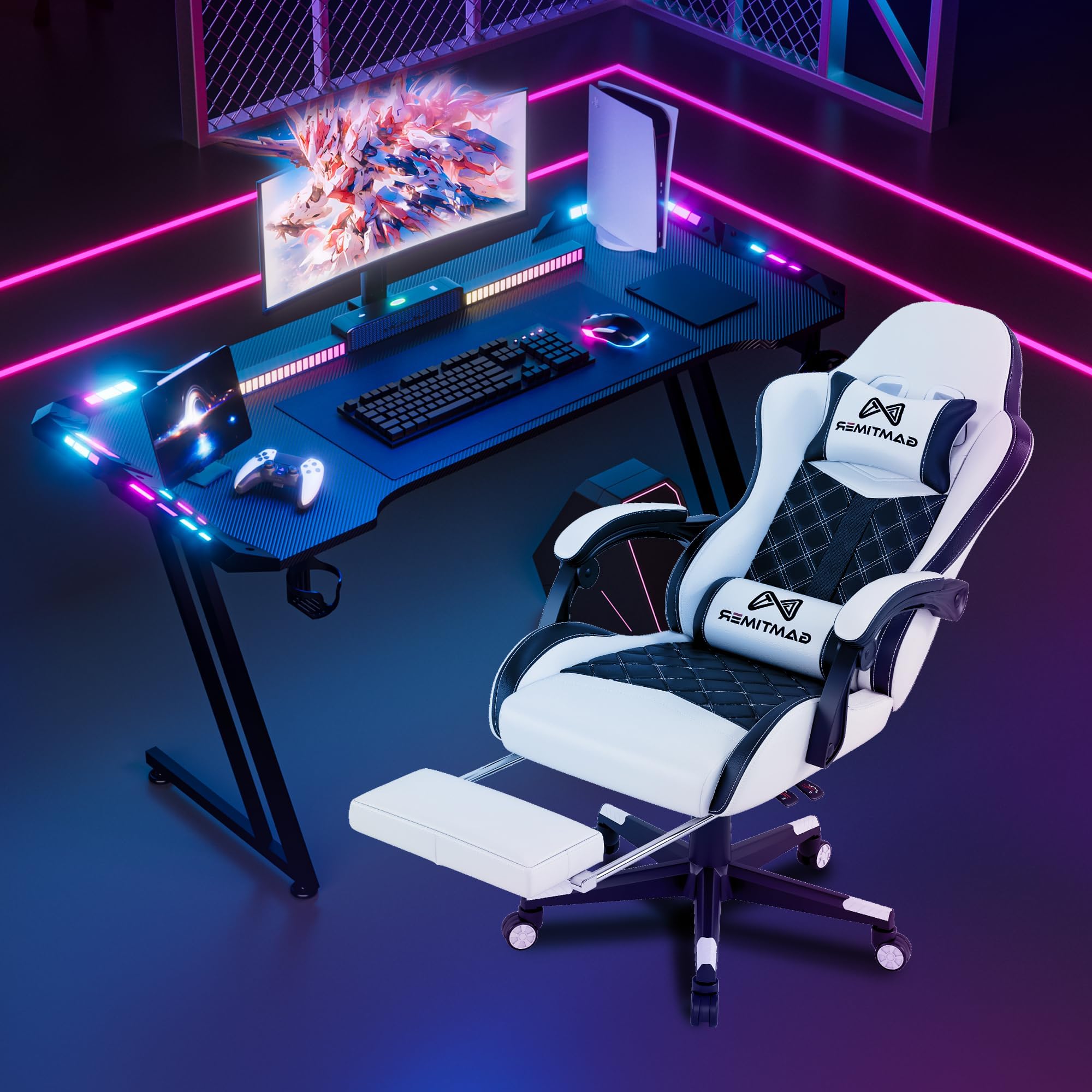 LED Computertisch mit Kohlefaser Beschichtung, Z-Frame Gaming Schreibtisch, Esport Ergonomischer Tisch mit Kopfhörerhaken Getränkehalter, Schreibtisch Perfekt für Schlafzimmer Büro(120x60x75cm)