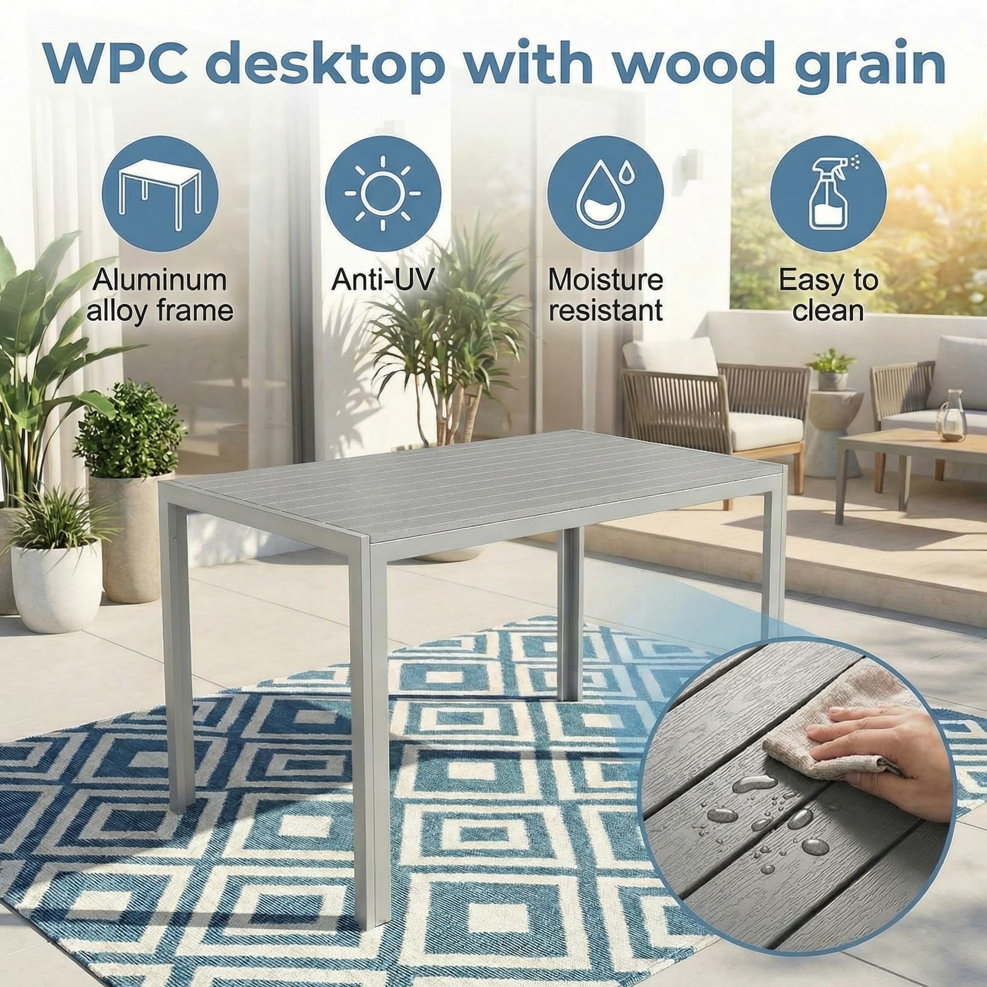 LIFERUN Juego de Muebles de Jardín 3 Piezas Aluminio, Mesa WPC 110x70 cm + 2 Sillas Plegables con Respaldo Alto, Muebles de Exterior Resistentes a la Intemperie para Terraza y Balcón,Gris Completo
