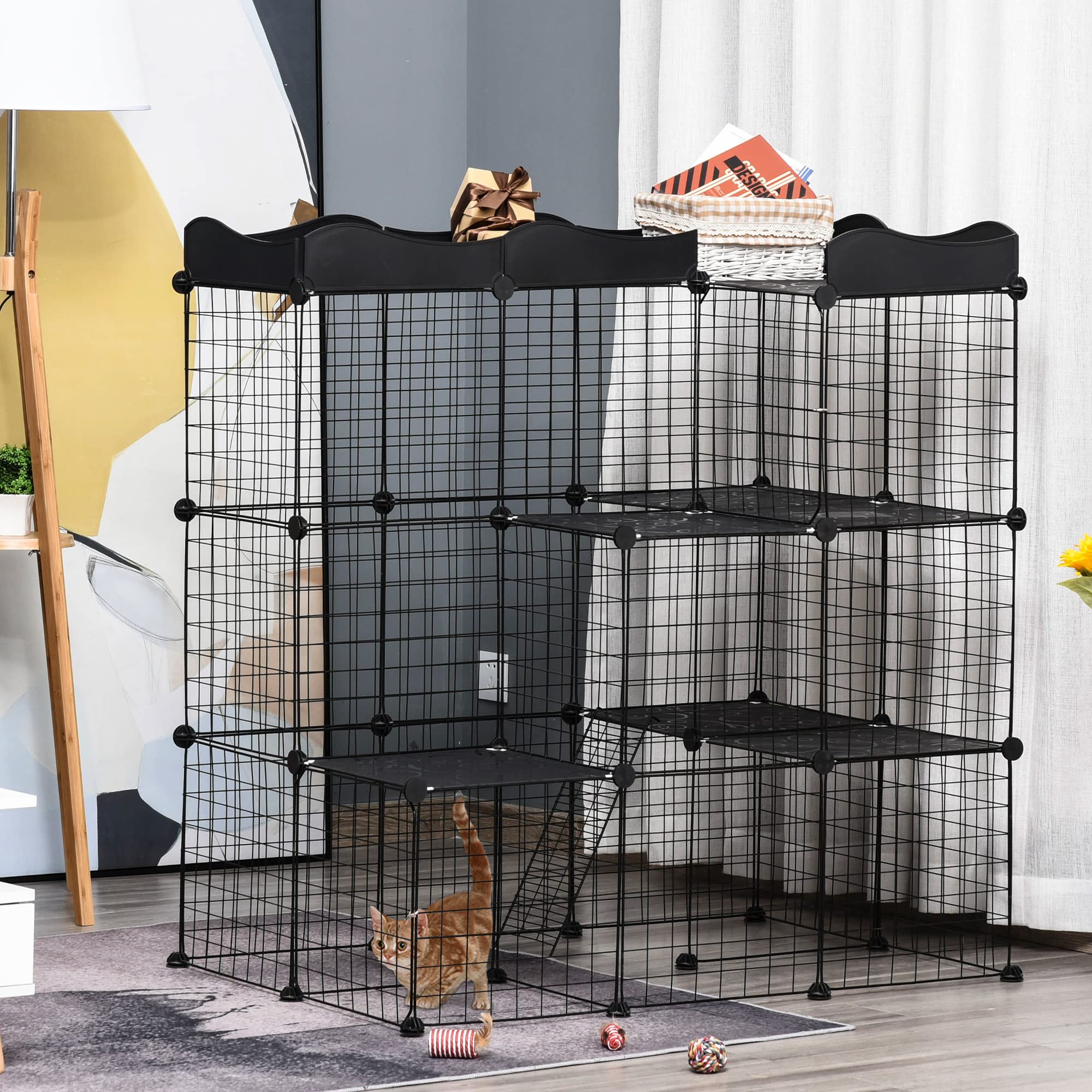 PawHut Cage Parc enclos pour Petits Animaux Chats Lapins modulable 3 Niveaux 2 Portes Rampe Fil métallique 105 x 70 x 116 cm Noir