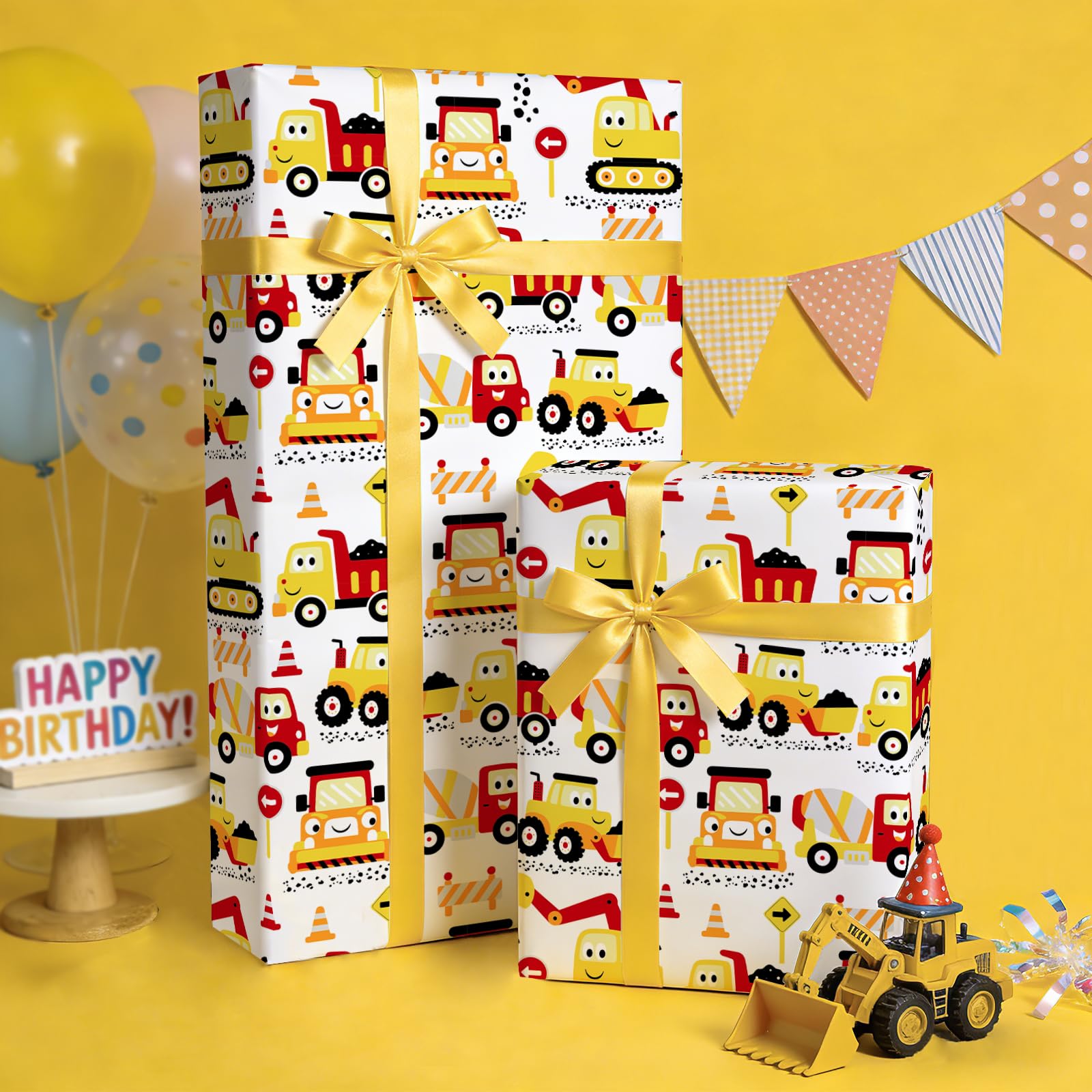 WRAPAHOLIC Jumbo Rouleau de papier cadeau de construction – 76,2 cm x 10 m – Motif tracteur pelleteuse, camion pour anniversaire de garçon, fête prénatale