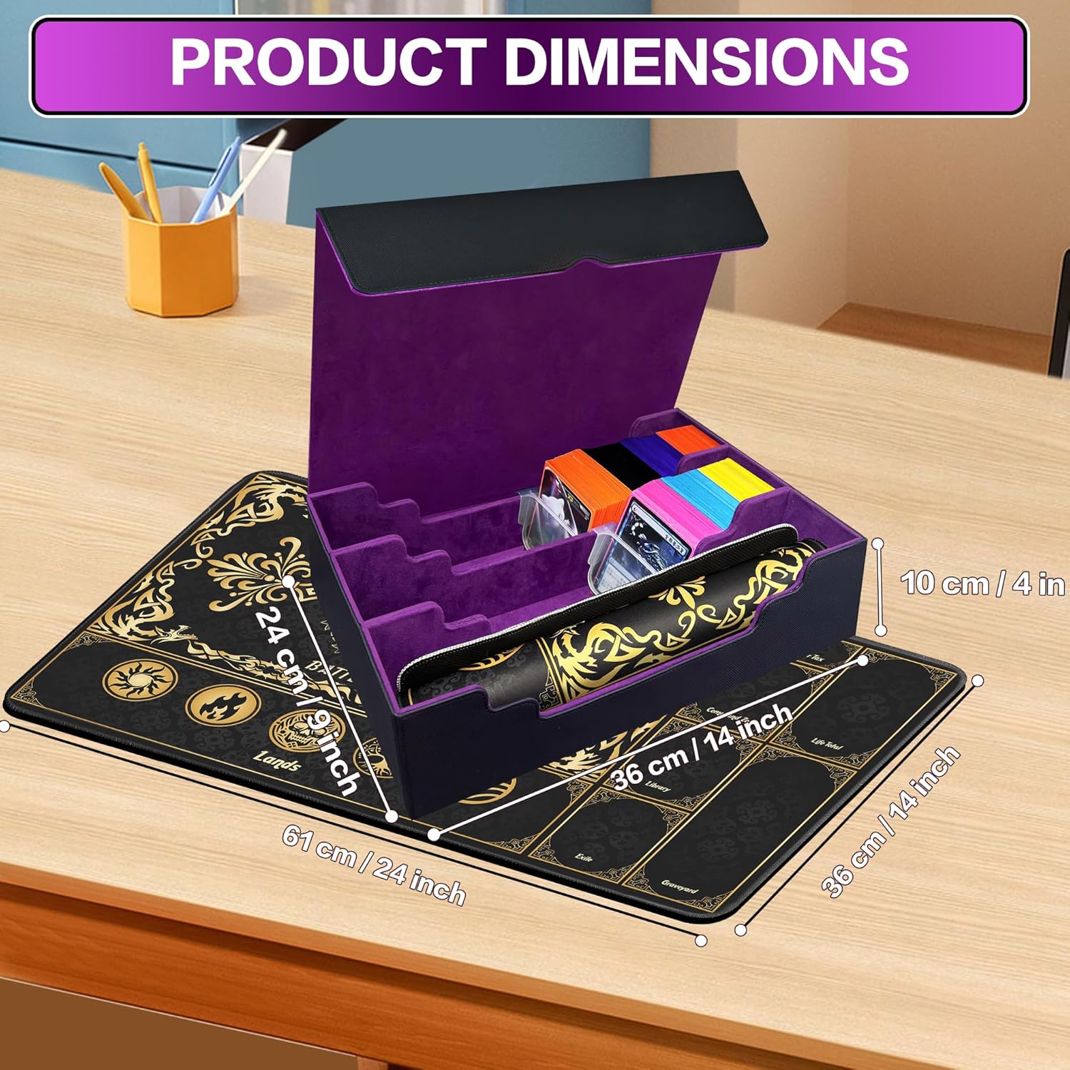 PROMAXIBINDER MTG Commander Deck Case with Playmat, 3-Row Trading Card Storage Box Fits 3000+ Cards, 6 Movable Partitions 24 Dividers PU Leather Magnetic Closure, Magic/TCG/YuGiOh/Sport (Black&Purple)