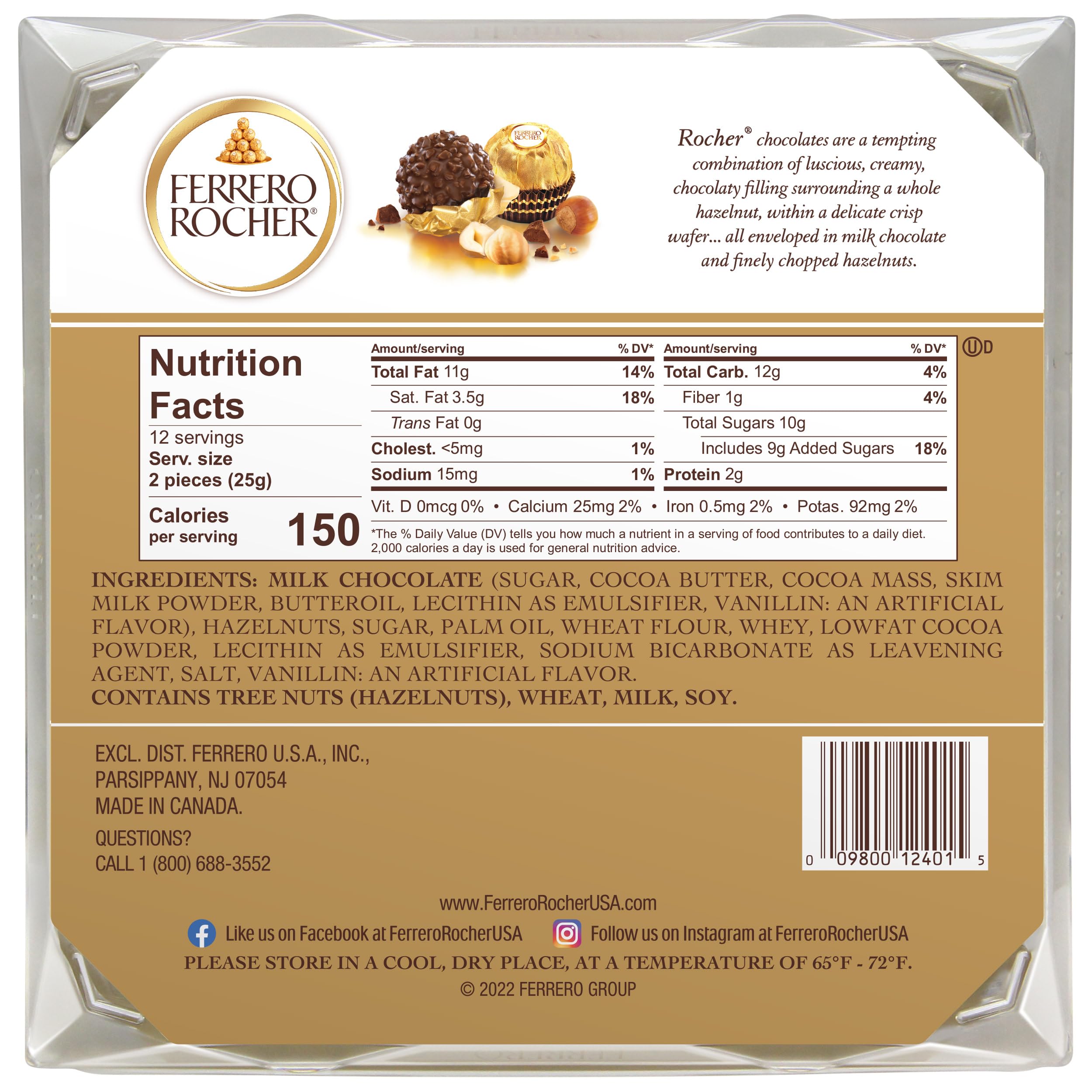 Ferrero Rocher Gourmet Hazelnut Milk Chocolate Valentine's Day Gift Box, 24 Individually Wrapped Chocolates for Gifting, 10.6 oz