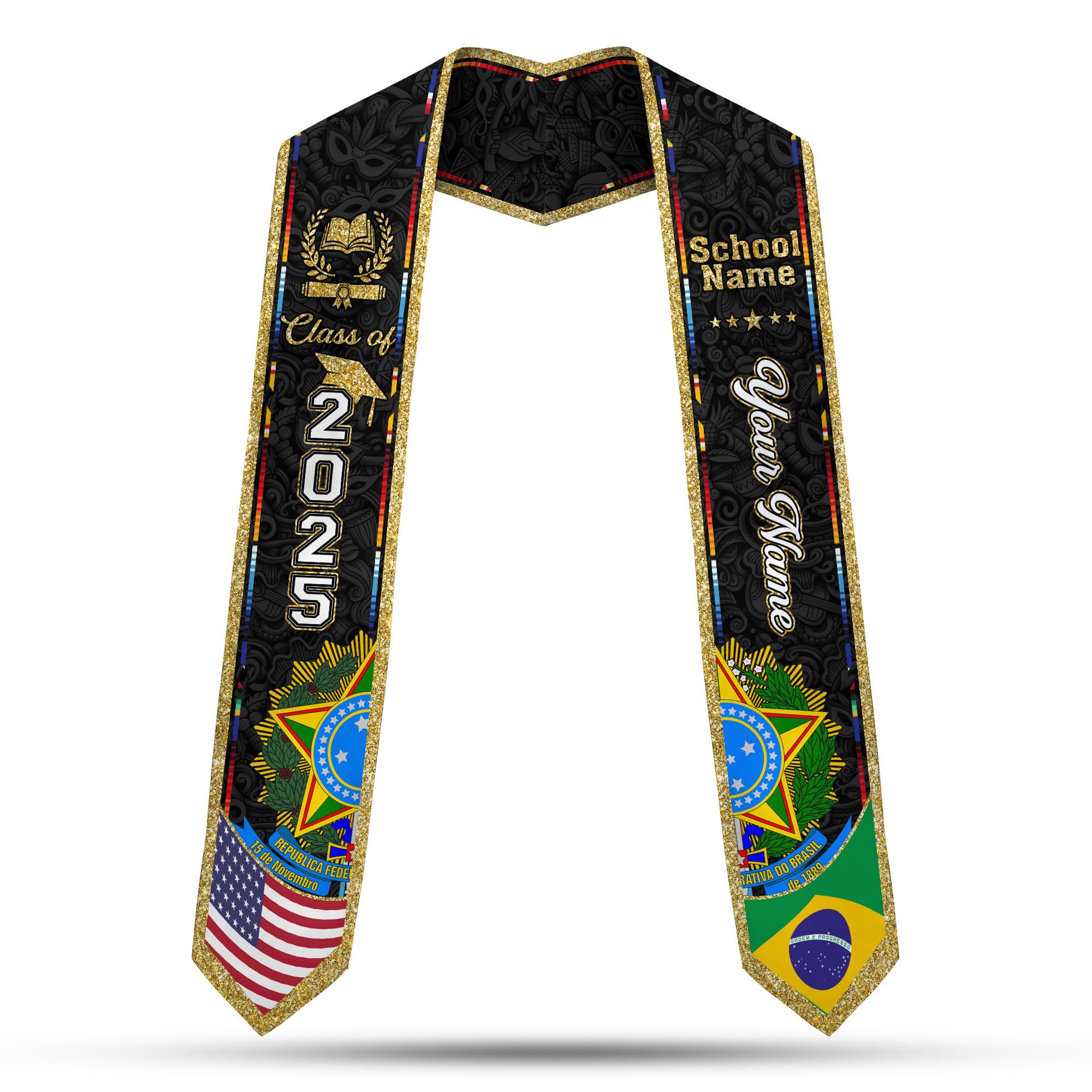 MonkeyVan Brazil Graduation Stole Custom Brazil American Flag Graduation Sash Brazilian Flag Graduation Stole Class of 2025 Bz2