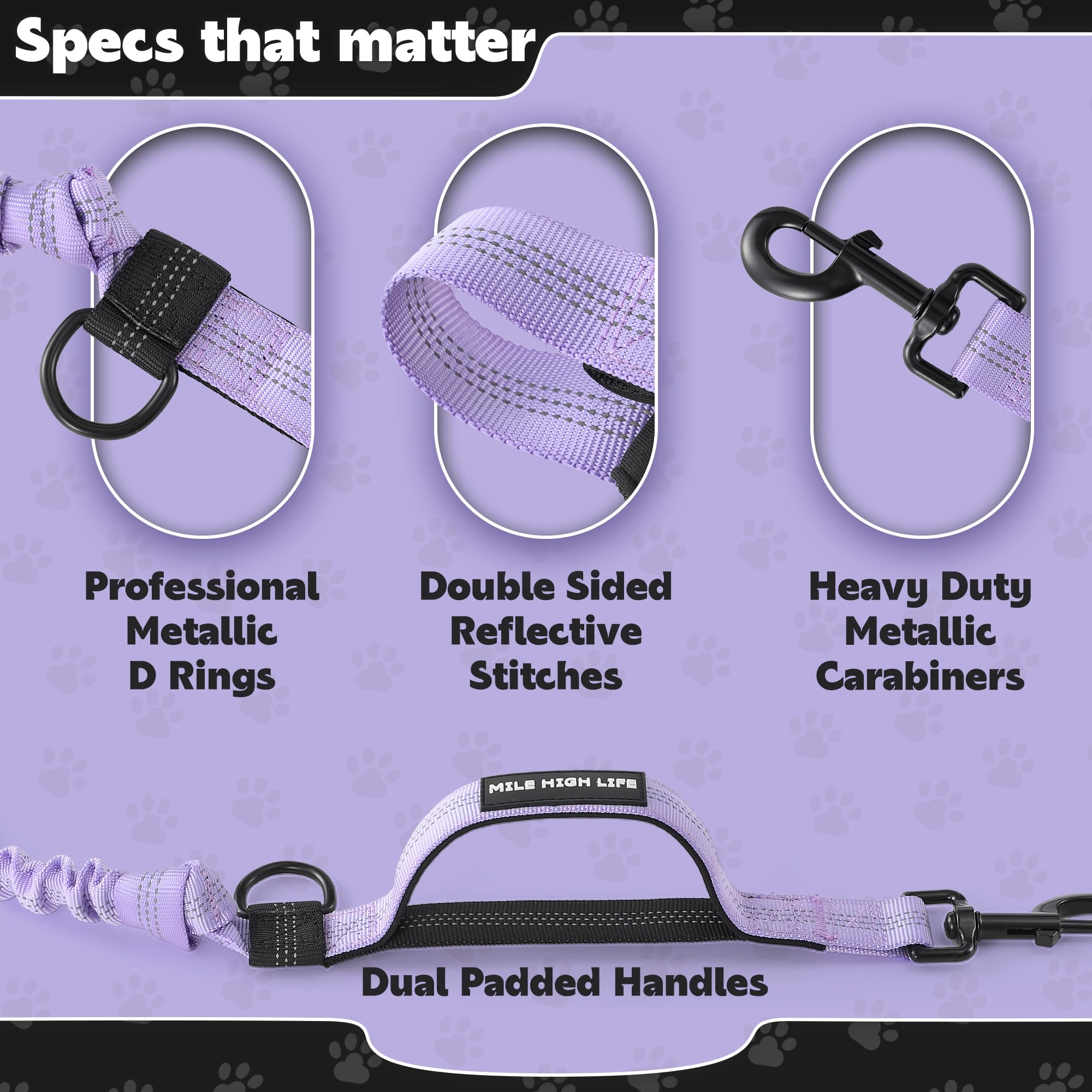 Mile High Life Hands Free Waist Leash for Dog Running Training and Jogging, Adjustable Belt with Double Handle, Reflective Bungee for Medium Large Dogs (Light Purple, 7FT) - image 6