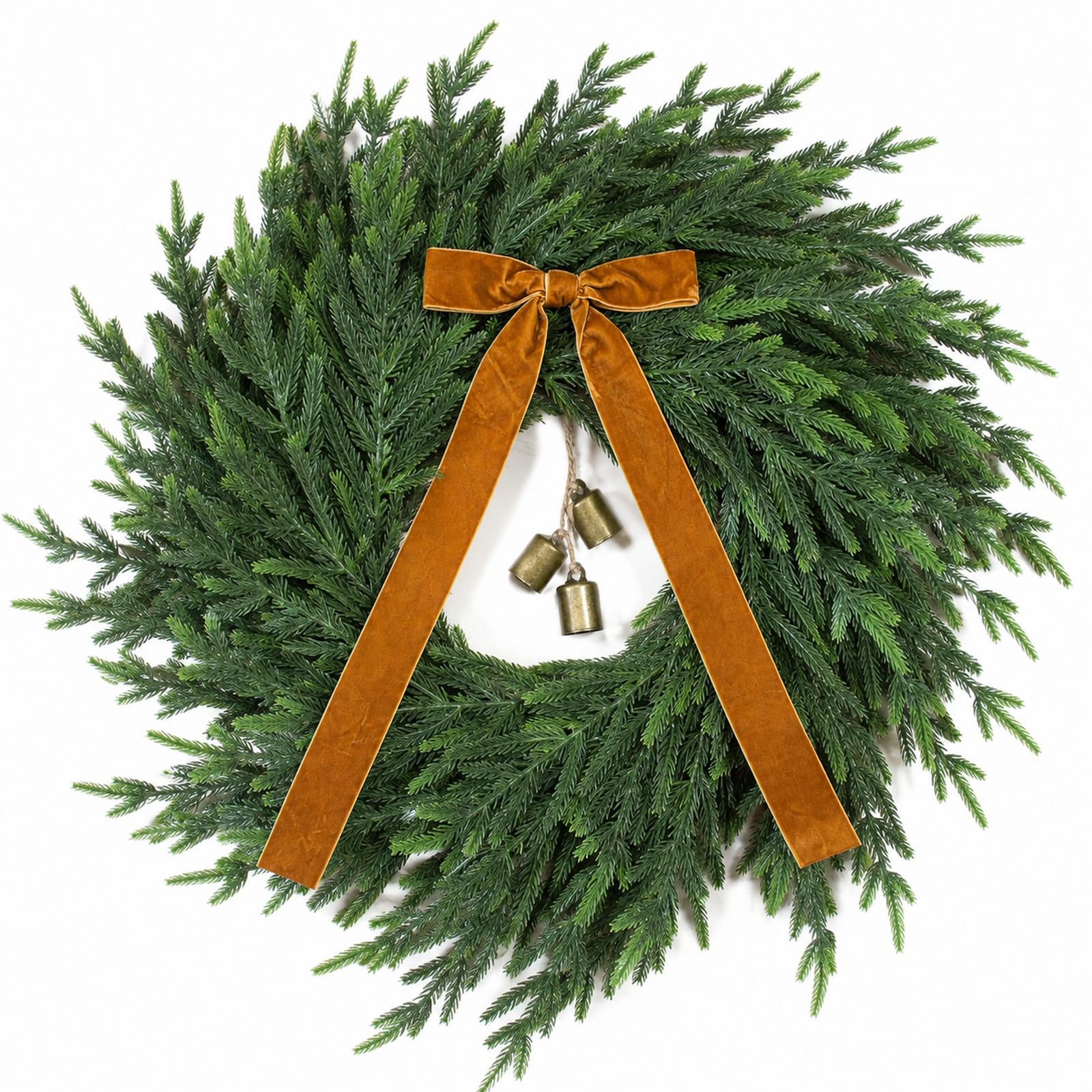 25-Inch Norfolk Christmas Wreath for Front Door with Bells and Bow