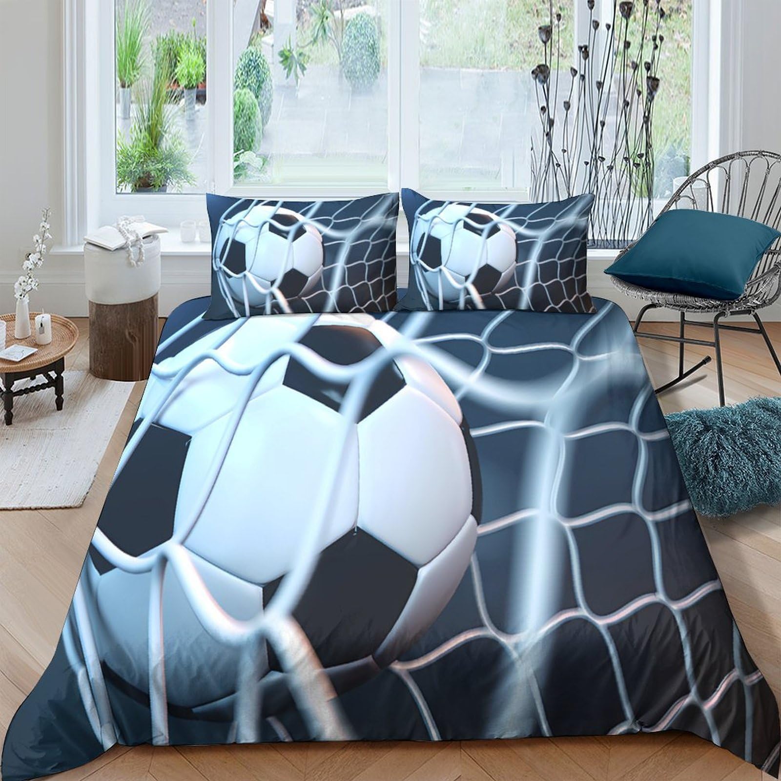 GPLZQXKJNH 3D Printed Football Goal Duvet Cover Set Microfiber Soft Breathable Soccer Net Bedding Set with 2 Pillowcases for Bedroom Home Single（135x200cm）