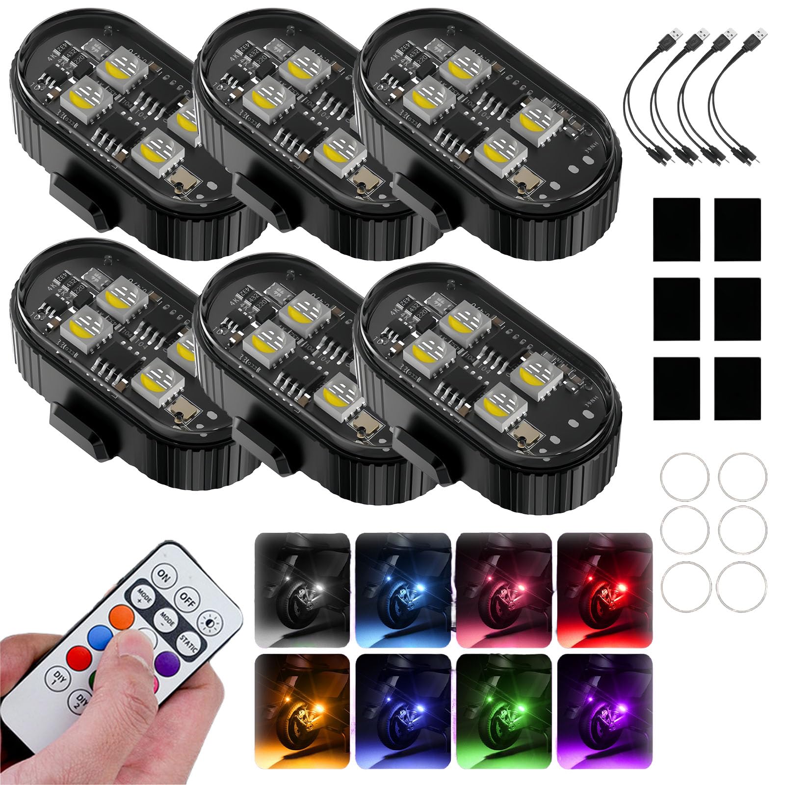 Wireless RGB LED Lights with Remote Control, Flux High Brightness Wireless LED Strobe Light, 8 Colors 10 Flash Modes USB Charging, for Drone Car Motorcycle Bike (8PCS)