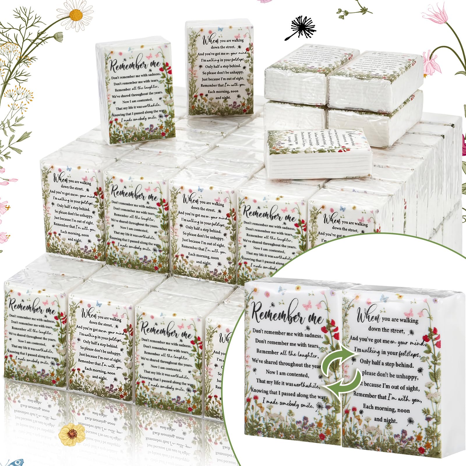 Sinmoe 60 Pack Funeral Tissues 3 Ply Pocket Travel Size Poem, Wildflower