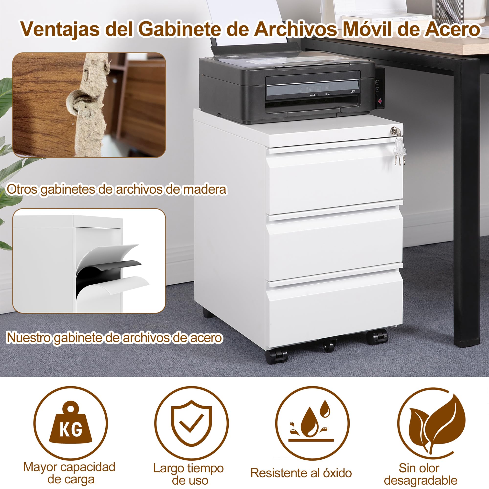 Cajonera móvil, Archivador Metálico con Cerradura, 4 Llaves, 3 Cajones, Premontado, para Oficina, Oficina en Casa, Blanco