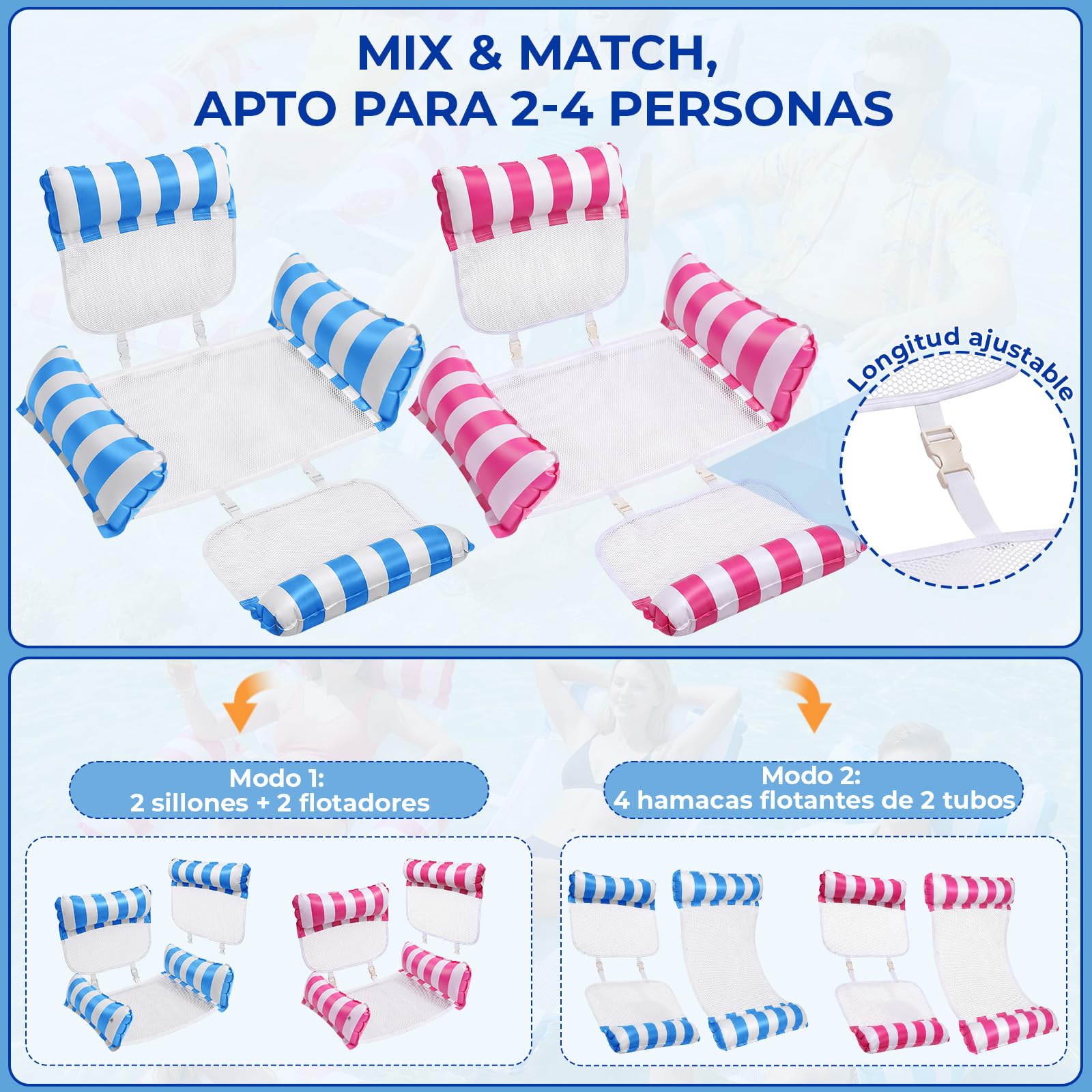 IEEILULU 5 in 1 Colchoneta Piscina Adultos, 2Pcs Flotadores Piscina para Adultos, Hamaca de Agua con Red, Hamaca Piscina Flotante con 4 Cámaras de Aire para Viajes, Piscina y Jardín