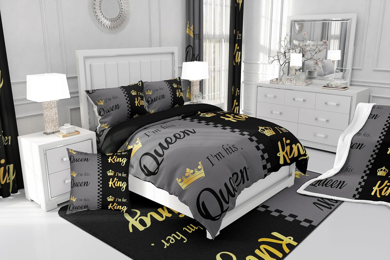 Erosebridal His and Hers 7 Piece Comforter Set Queen King and Queen Crown Bedding Set with Sheets for Couple Men Women Mr Mrs,Valentine's Day Bed in A Bag Gifts,Romantic Love Heart Bed Set