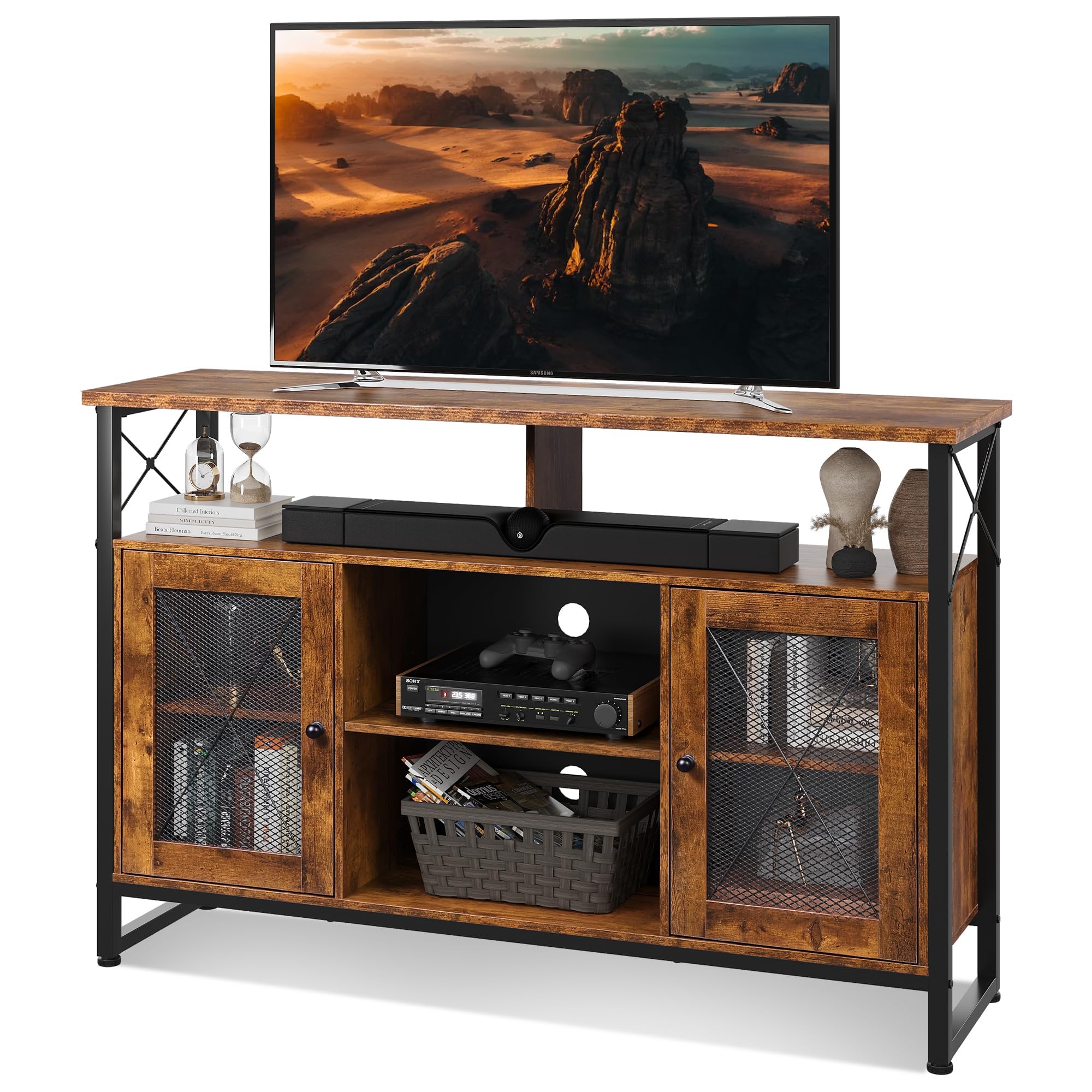WLIVE TV Stand Cabinet, TV Unit for 55 Inch TV, Tall TV Unit Cabinet, TV Stand with 2 Doors, Buffet Table, Sideboard, for Living Room, Wooden Industrial TV Console, 128 x 36 x 82 CM, Rustic Brown