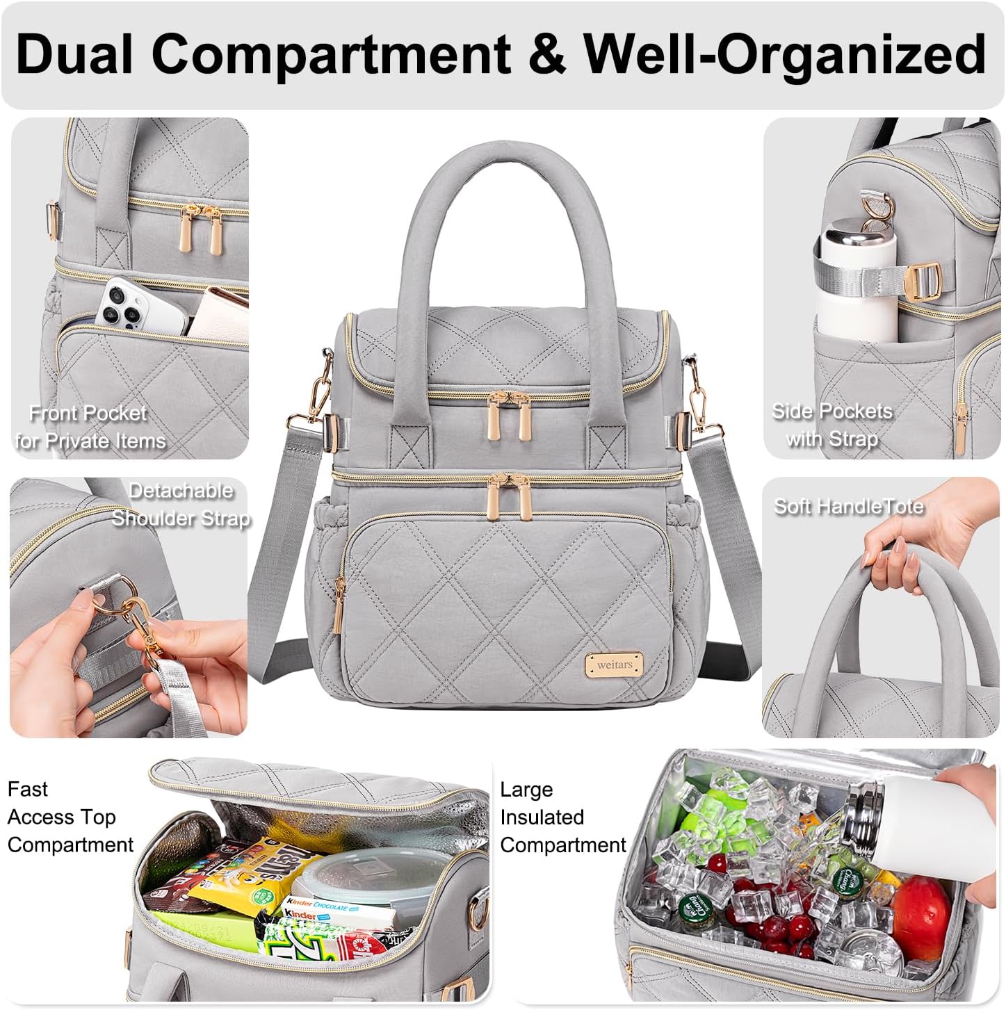 Weitars Lunch Bag for Women Men,Double Deck Lunch Box for Women,Quilted Lunch Tote for Work,Insulated Lunch Cooler Leakproof Lunchbox for Adult with Shoulder Strap &Pockets for Picnic Hiking (Gray) - Image 2