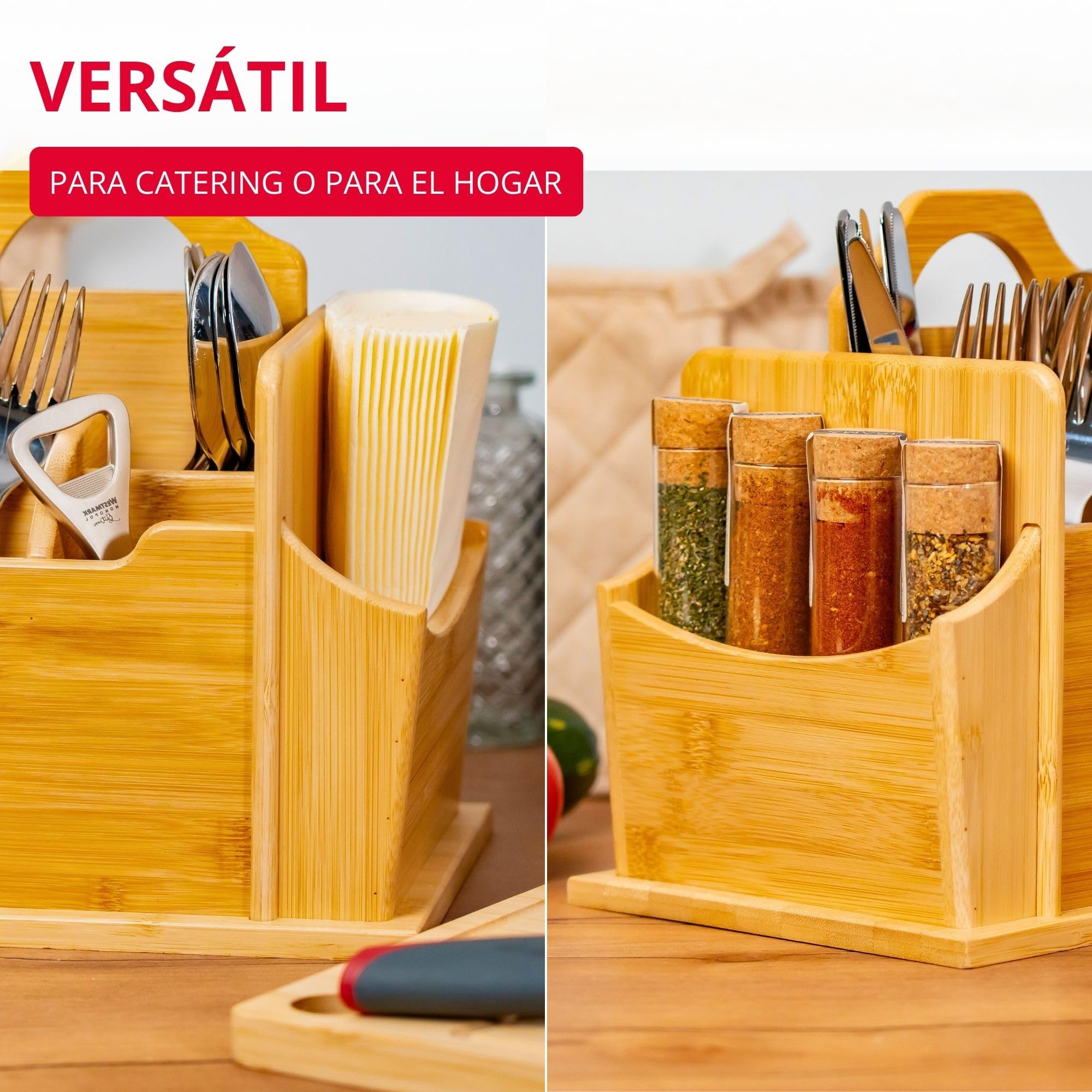 Organizador Tapas + Friends Westmark – práctico organizador de mesa con 7 compartimentos, cesta para cubiertos y servilletas, portautensilios para mesa y fiesta – bambú