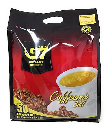 Trung Nguyen - Café instantáneo G7 3 en 1 - 50 bolsitas Mezcla de café molido tostado con crema y azúcar adecuado para la mayoría de los métodos de
