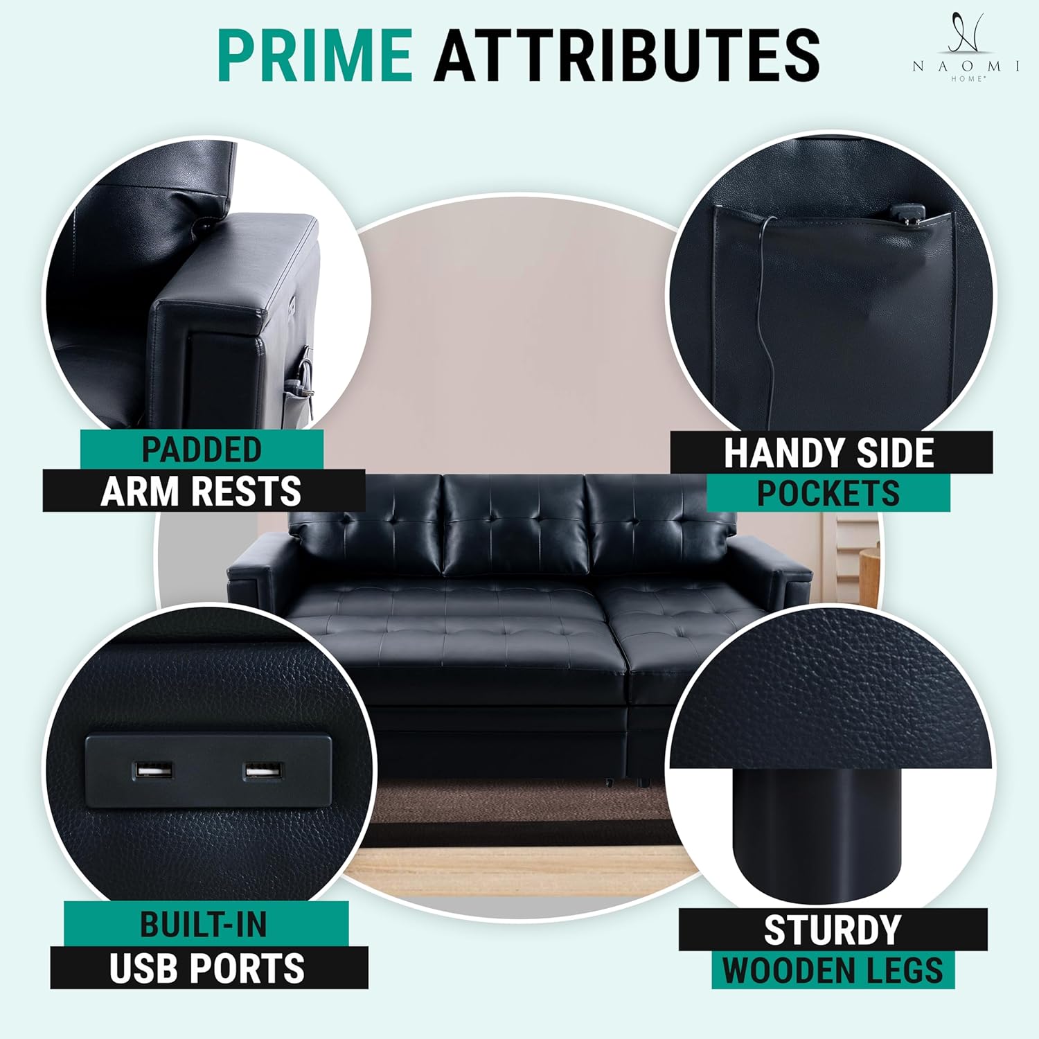 Naomi Home L-Shaped Sectional Sleeper Sofa with USB Ports - Convertible Pull-Out Bed, Ample Storage, Timeless Design, Durable Construction Black/Air Leather