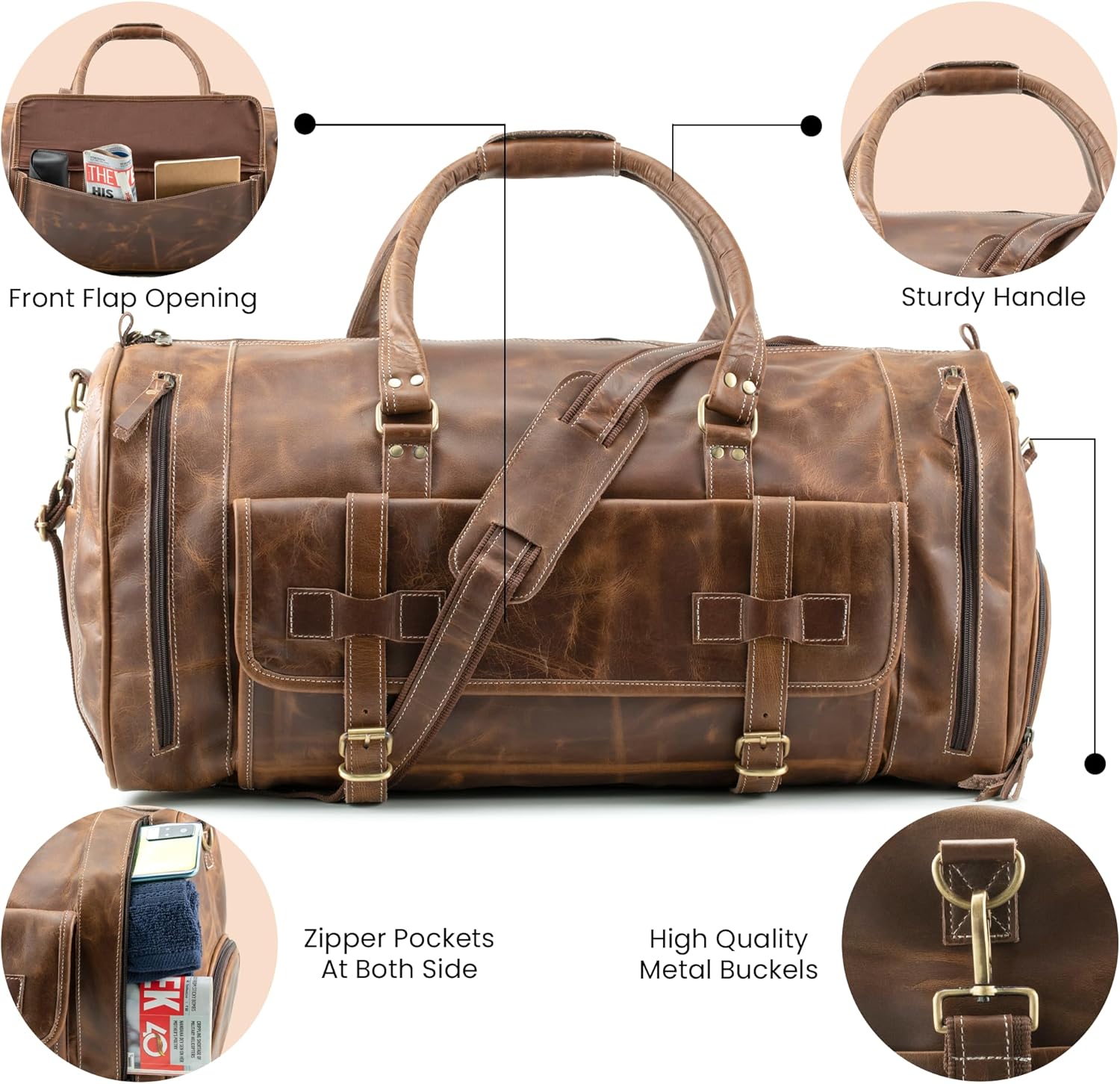 Handmade World Duffel Travel Bag For Men & Women 'The Gallivant' 24 Inch Genuine Leather Large Weekender For Sports Luggage Business