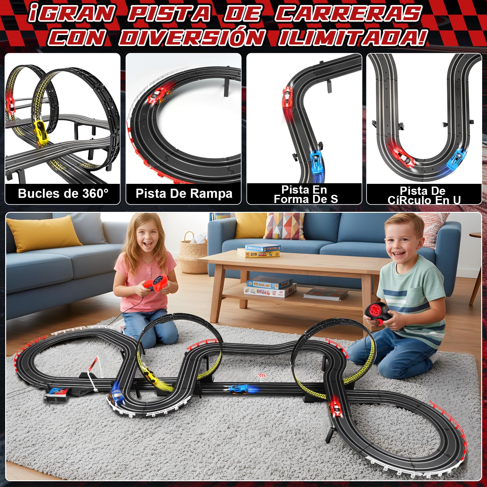YOOHBERRYS Pista Carreras Electrica, 1:64 Pista Coches Niños Pista Autos -4 LED Coches, USB, Control Remoto, Contador Vueltas, Bucle 360°, Extralargo Circuito Coche 3+ Años Juguete Regalos (737CM)