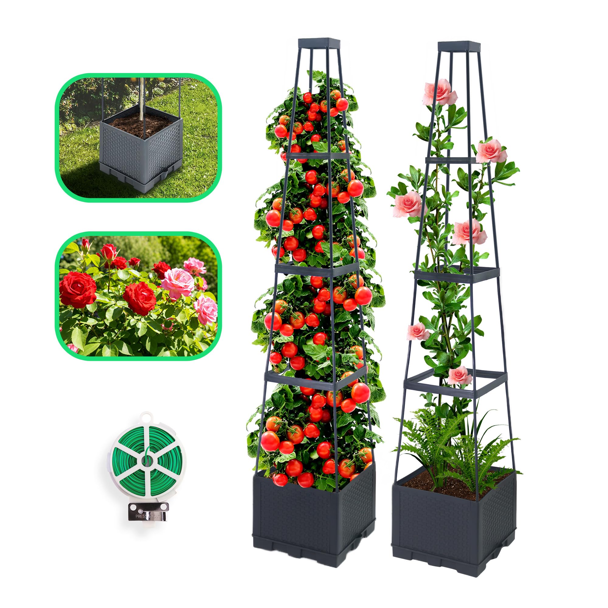 2 Pack Jardinières surélevées avec Treillis, 144cm Pot à Tomates Autoirriguant avec Support Trapézoïdal pour Plantes Grimpantes, Fleurs et Légumes, Intérieur et Extérieur