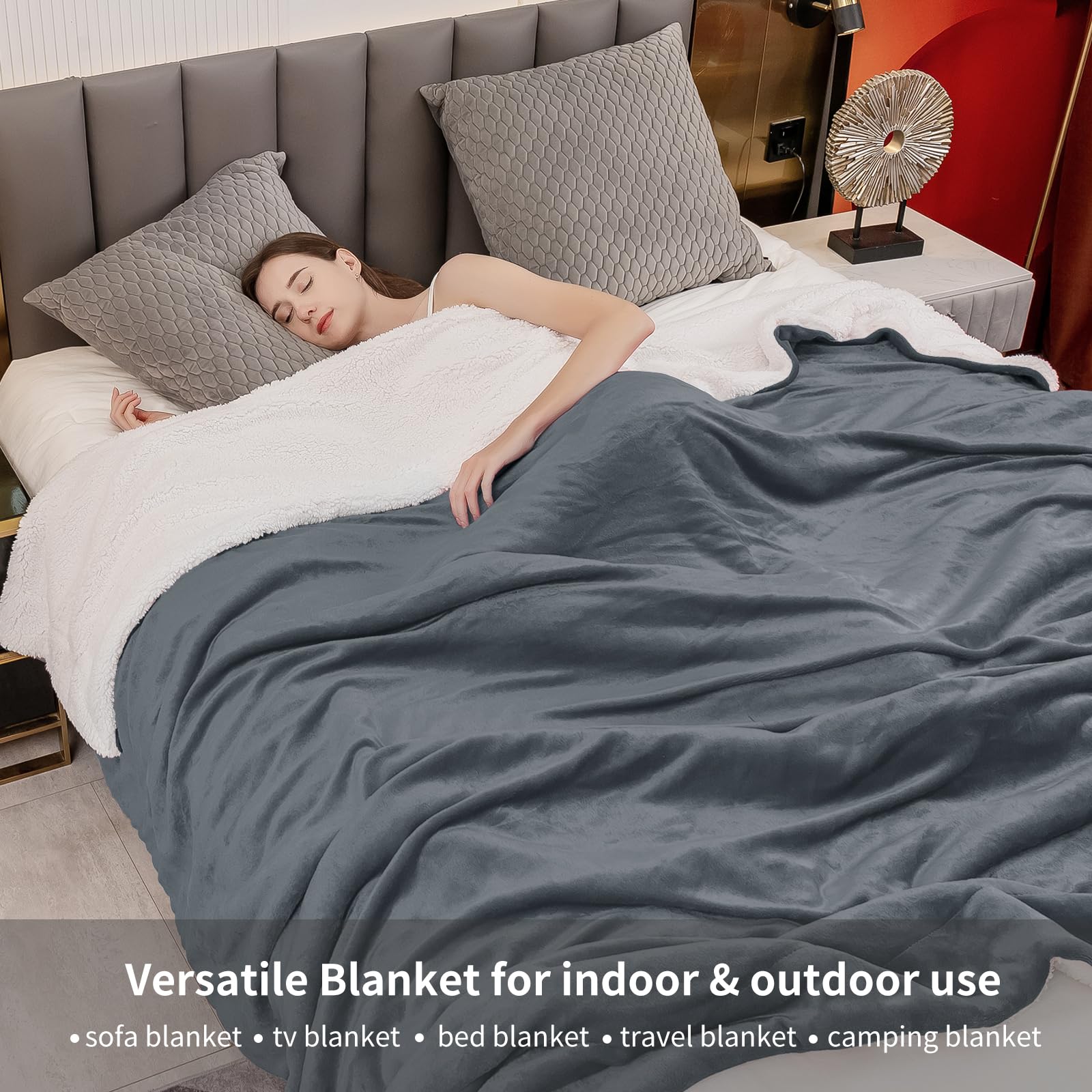 Aisbo Plaid Coperta Pile Matrimoniale - Coperta Calda Invernale per Divano e Grande Letto Matrimoniale 220x240 cm Pile di Flanella e Sherpa Morbida Grigia Scuro, Sherpa Blanket for Sofa and Couch