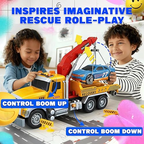 Miniatura 6 de SMILESSKIDDO Juguetes para niños pequeños de 3, 4, 5, 6 años, camión de remolque grande de fricción 112 con luz y sonido, coche deportivo y señales