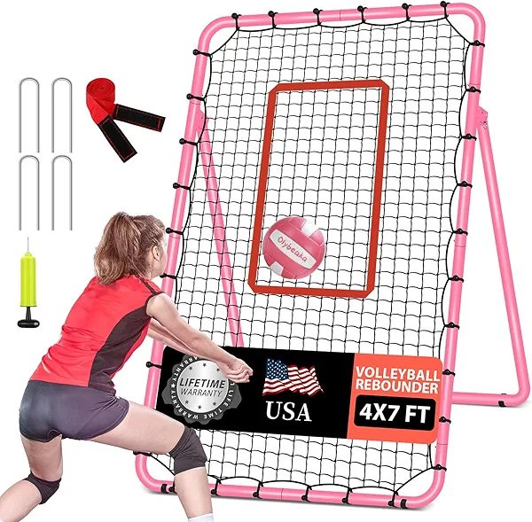 5-Angle Adjustable Volleyball Rebounder Net 7x4ft, Durable & Portable Bounce Back Training Equipment for Practicing Volleying Bumping Spiking with High-Tension Net, PU Volleyball, Pump, Stakes