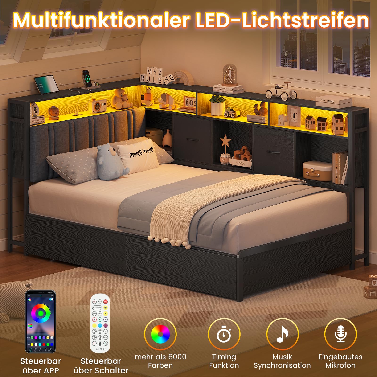 Polsterbett Schlafsofa 90 x 200 mit LED-Beleuchtung und USB-Ladestation,Jugendbett 90 x 200 cm,Tagesbett,Eckbettgestell aus LED-Metall mit 2 Schubladen und Bücherregal,Grau