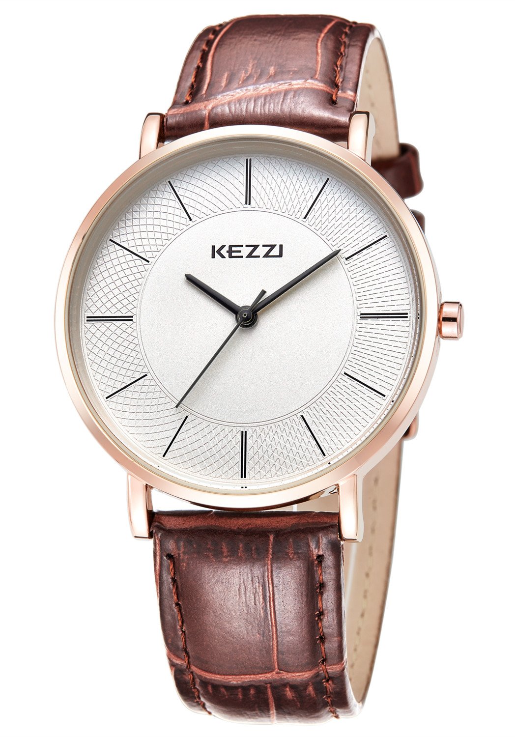 Kezzi Men's Minimalist Quartz Watch with Ultra-Thin Rose Gold and Calf Brown Leather k738