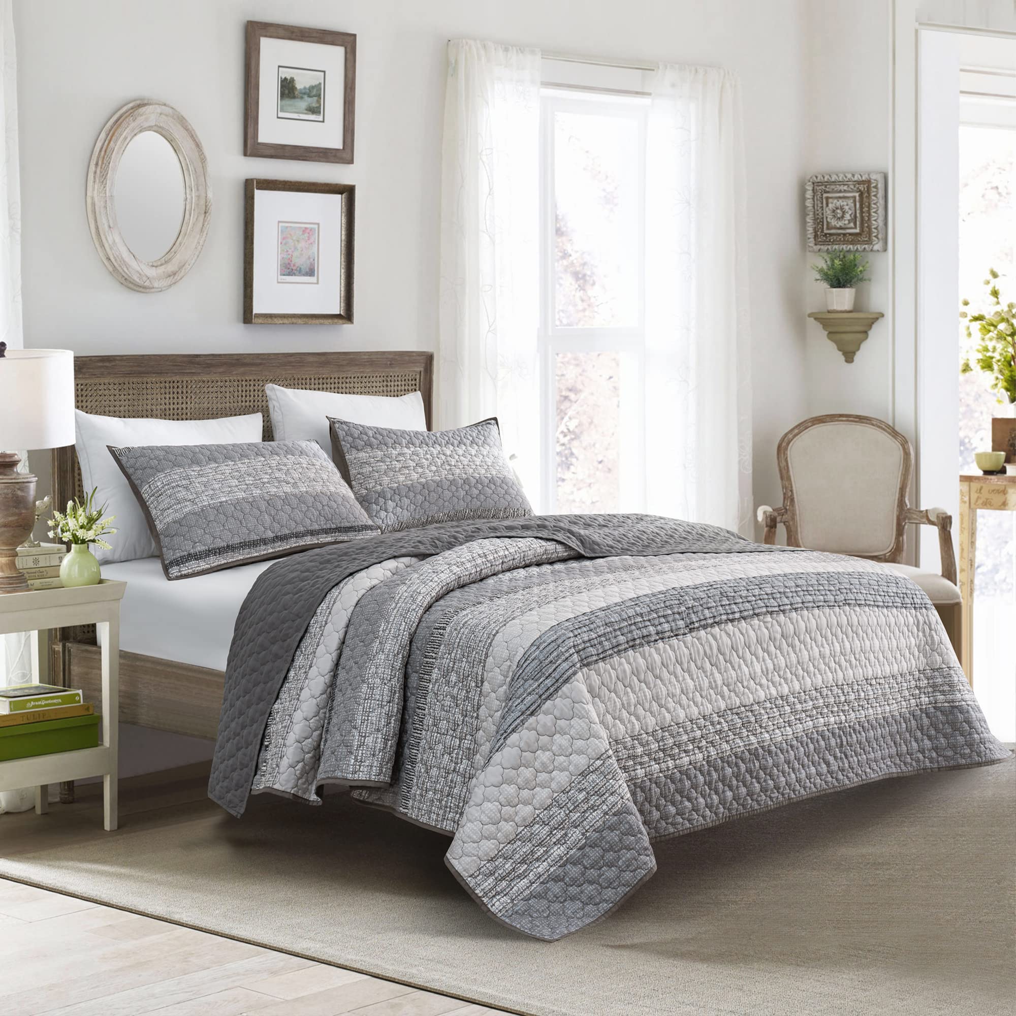 SHALALA Quilt Sets Queen Size,Gray Soft Striped Quilt Bedding Sets for