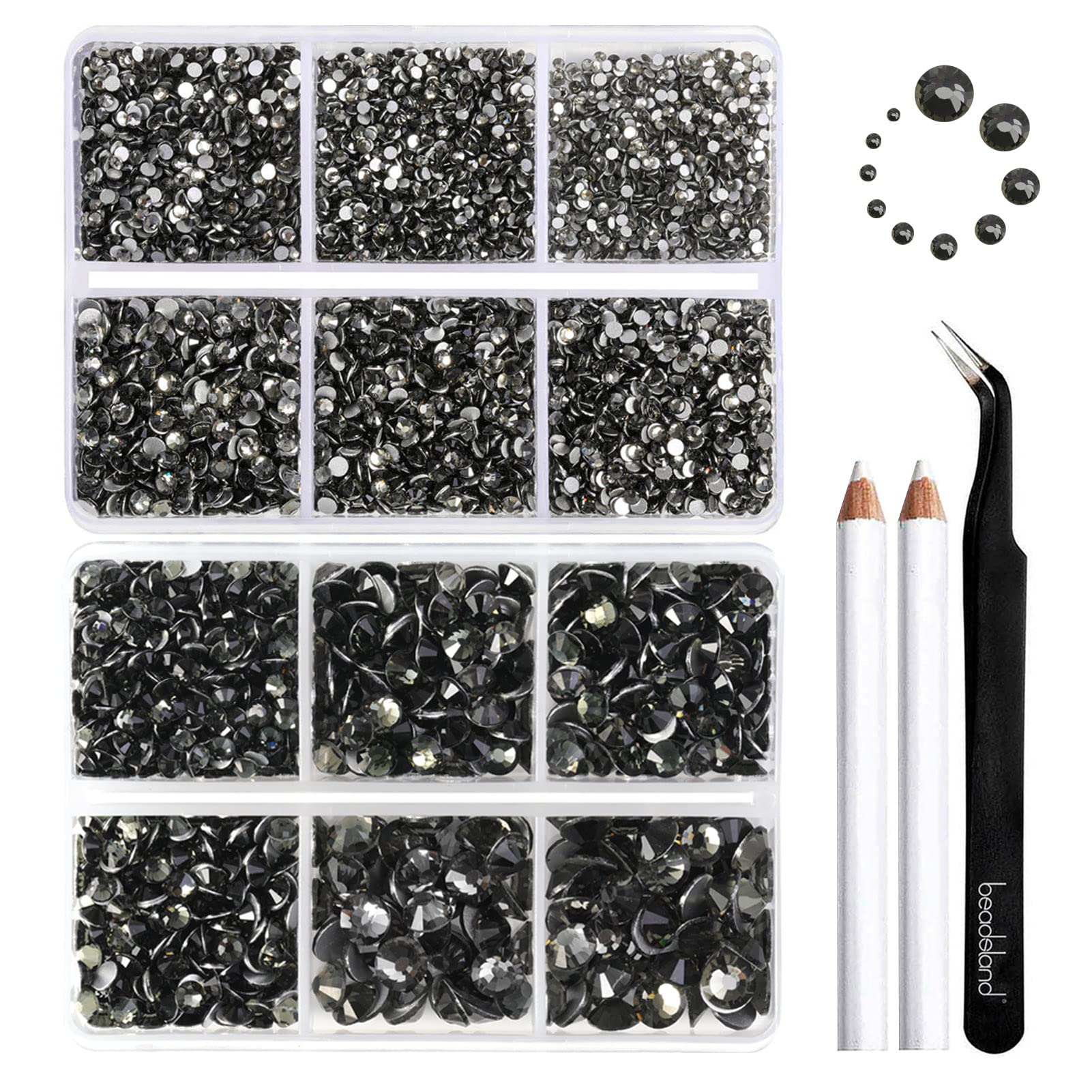 Beadsland 8300PCS Flatback Rhinestones, Gray Rhinestone Round Crystal Rhinestones for Crafts, Mixed 10 Sizes with Wax Pencil and Tweezer Kit, SS3-SS30
