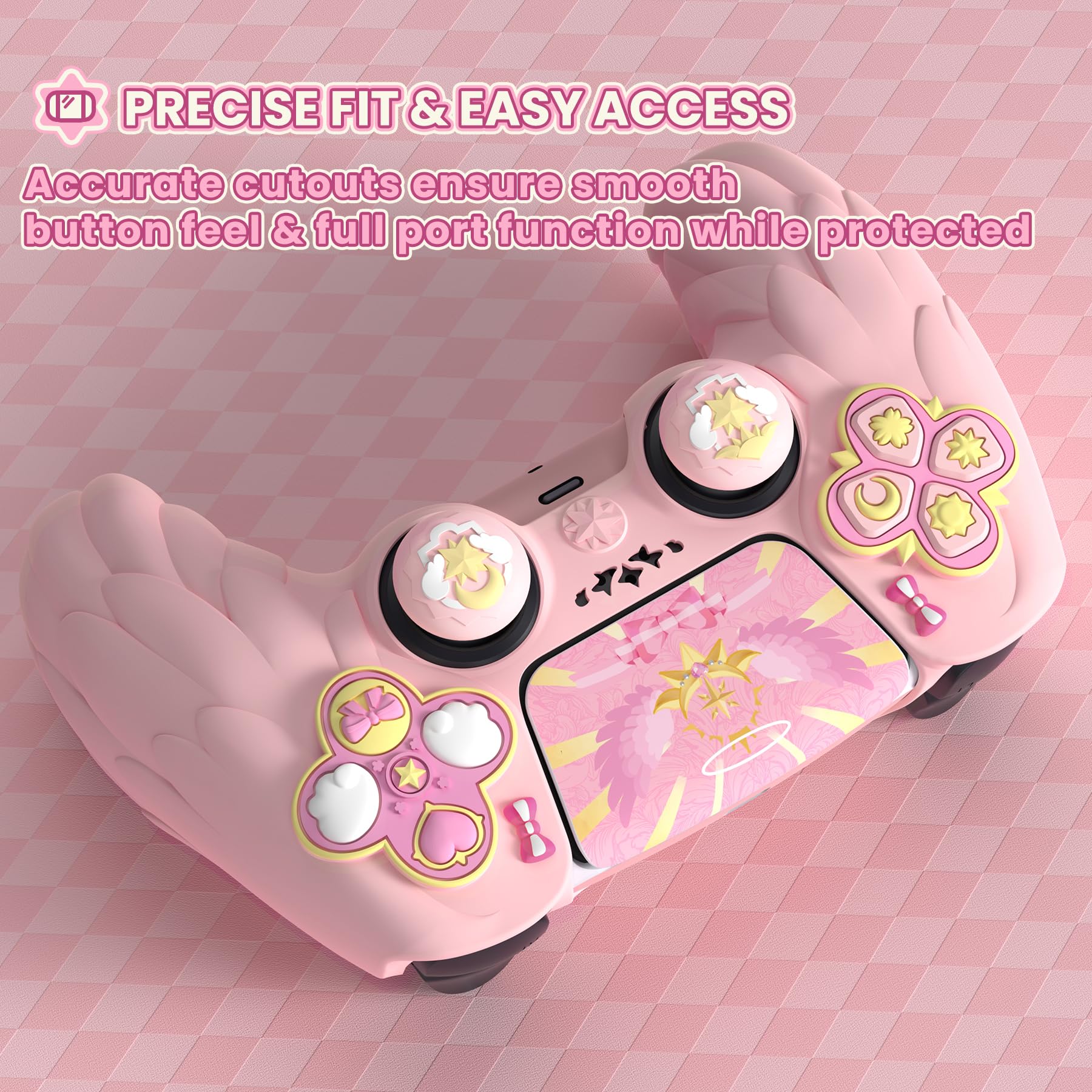 PlayVital Funda de Silicona Protectora para ps5 Mando - Carcasa Suave Antideslizante con Tapas para Joysticks y Pegatinas, Compatible con Base de Carga - Serie Magic Wings (Rosa)