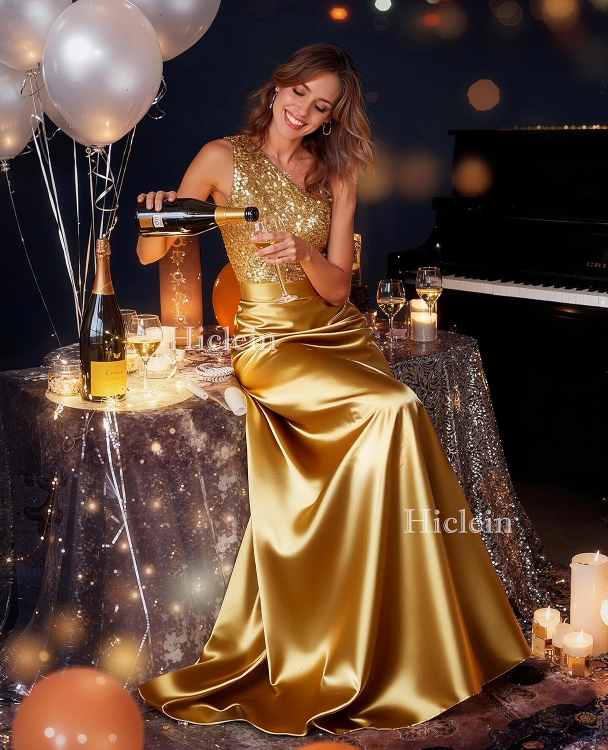 One Shoulder Prom Dresses Long Sequin Satin Mother of The Bride Dress for Women Formal Evening Gown with Pockets - Image 3