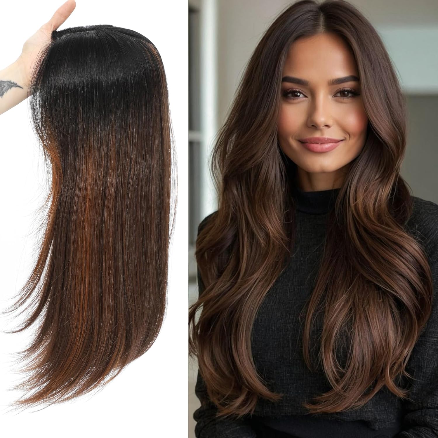 Hair Topper 20 Inch Long layered Toppers Hair Pieces for Women Thinning Hairs Lace Hand-Tied Hairline Synthetic Heat Resistant Clip in Hairpieces 6"x5.5"Large Base for Daily Use 3D 360°(Black)