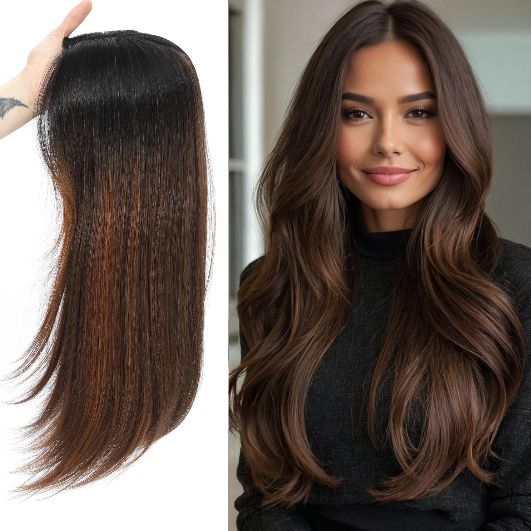 Civrie 20 Inch Hair Toppers for Women with Thinning Hair - Long Layered Synthetic Toppers - 6.5"x6.5" Fiber Wiglets (Natural Black Root Blending into