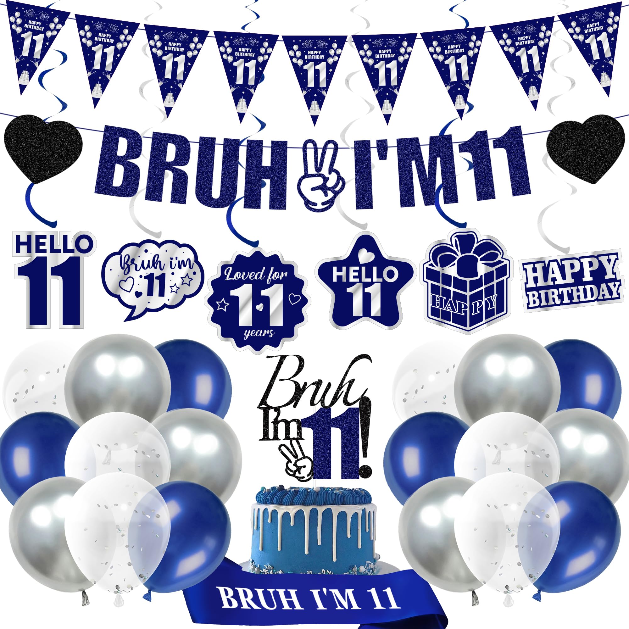 11th Birthday Decorations Balloons Boys - 28 Pcs Blue Bruh I'M 11 Banner Swirl Hangings Latex Confetti Balloons Sash Cake Topper for Kids Boy 11 Years Old Birthday Party Decor Supplies
