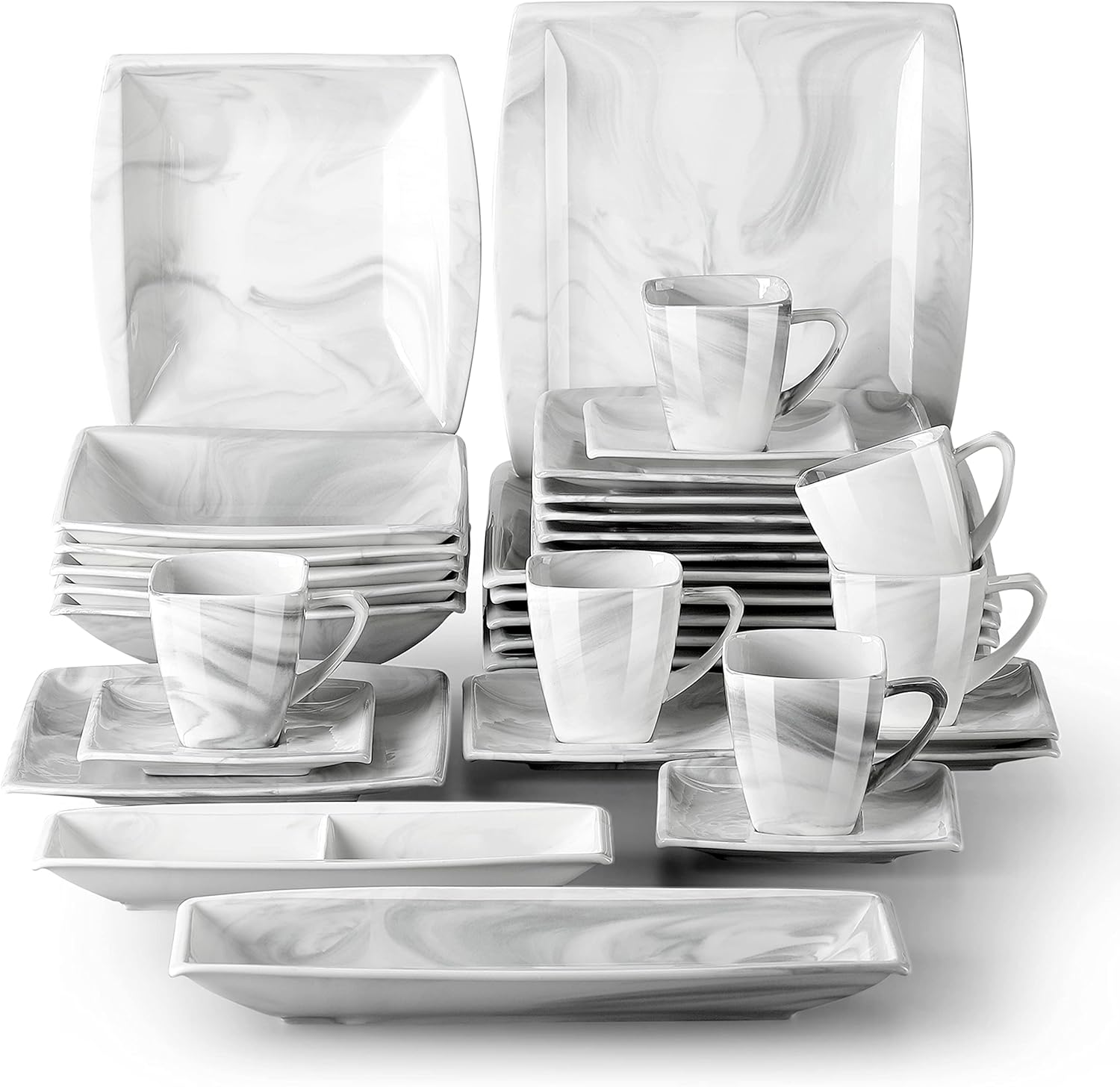 MALACASA Dinner Sets for 6 People, 32Piece Square Plates and Bowls Set