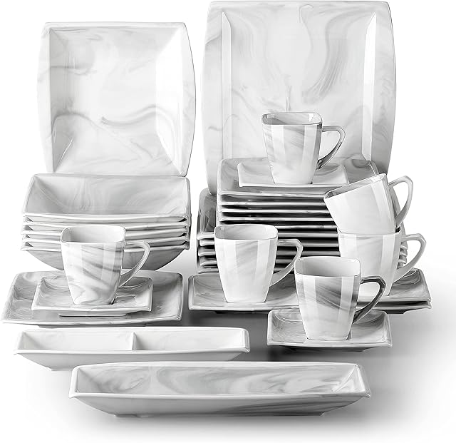 MALACASA, Series Blance, 32-Piece Marble Grey Dinnerware Sets Porcelain Dinner Set with 6 x Cups/Saucers/Dessert Plate/Soup Plates/Dinner Plates and 1 x Dish/Rectangular Plate, Service for 6