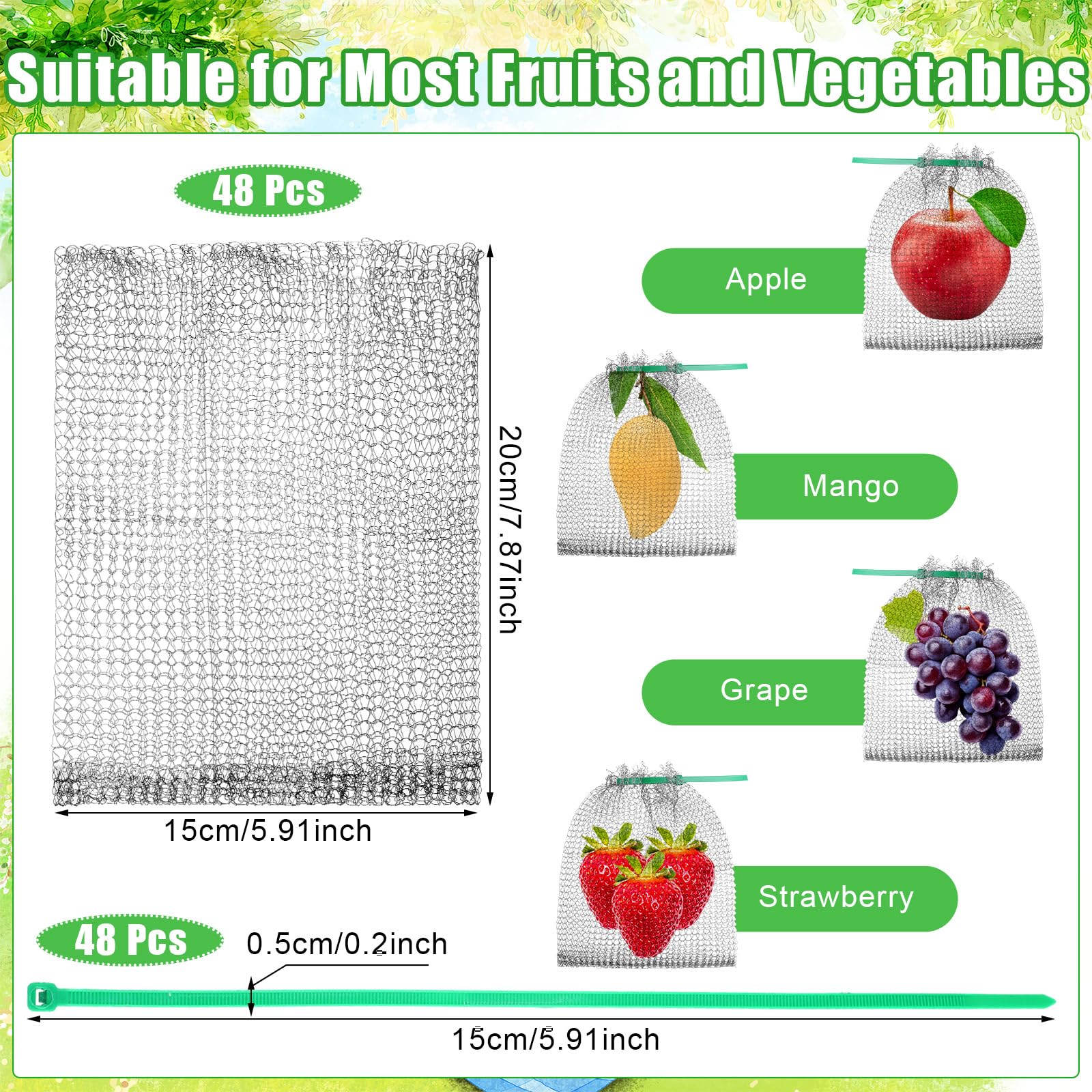 48 bolsas de malla de alambre de protección de frutas de 6 x 8 pulgadas, bolsas de protección de frutas de acero inoxidable, cubierta de frutas, protectores de frutas, bolsas de barrera con
