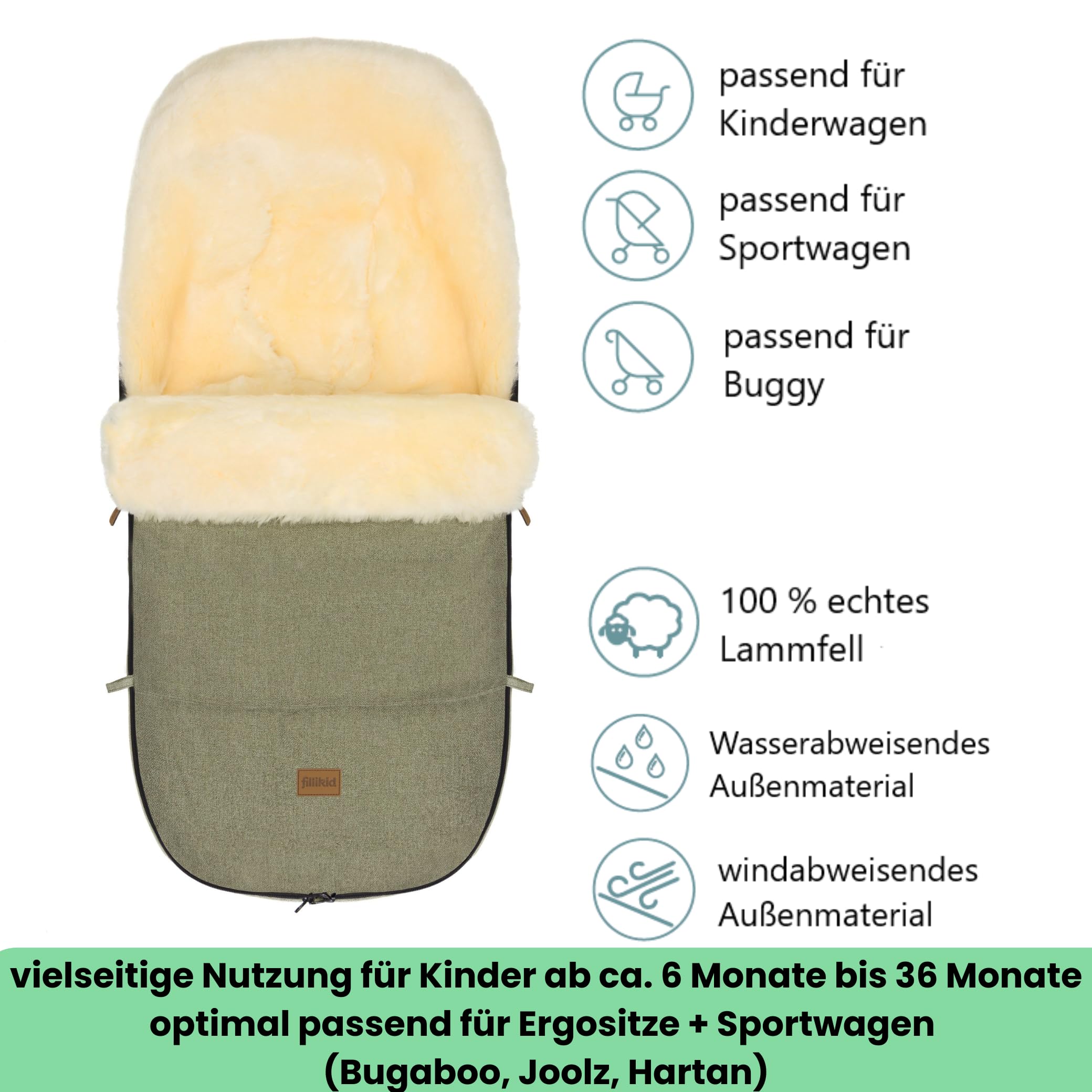 Fillikid Makalu Exklusiv Lammfellfußsack Winterfußsack medizinisches Fell 50x90 cm für Bugaboo Joolz