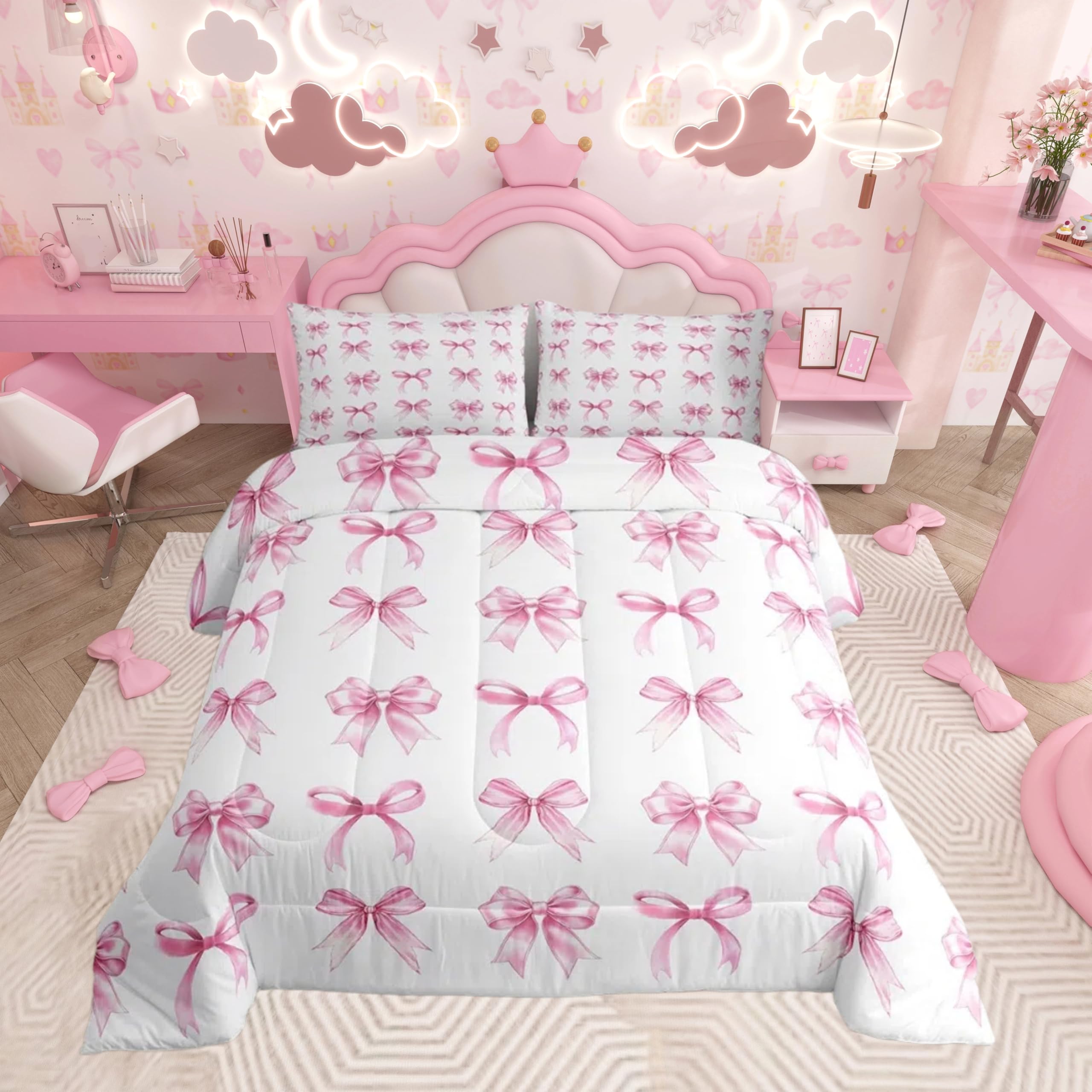 Feelyou Bow Bedding Set Cute Bowknot Comforter Cover Twin Size Princess Ribbon Decor Duvet Cover Girls Kawaii Pale Pink Quilt Set