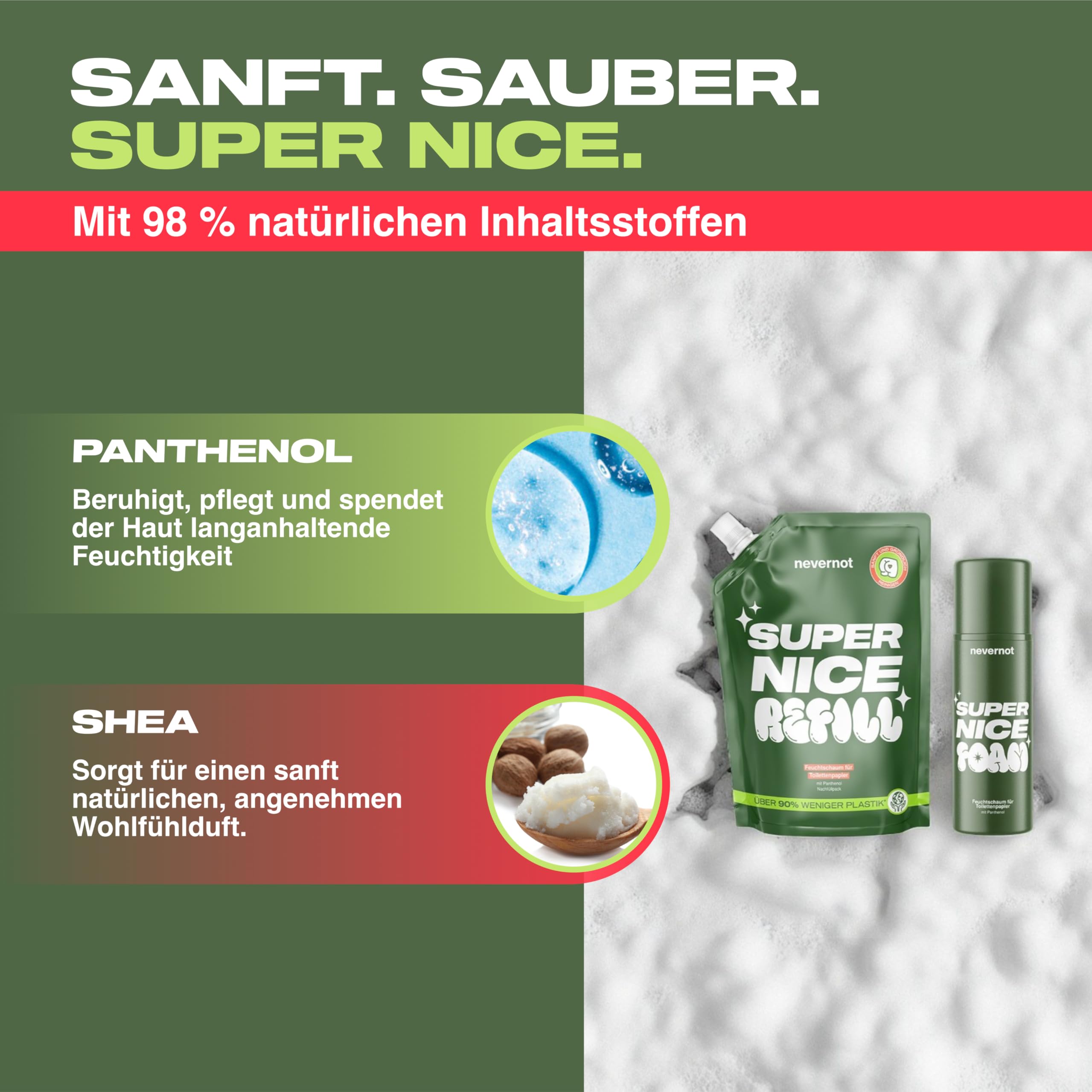 Super Nice Foam Feuchtschaum für Toilettenpapier Starter Set | 120 ml & Nachfüllpack 240 ml, Milder Reinigungsschaum, Panthenol, 98% Natürlich, Feuchttücher Ersatz, nevernot