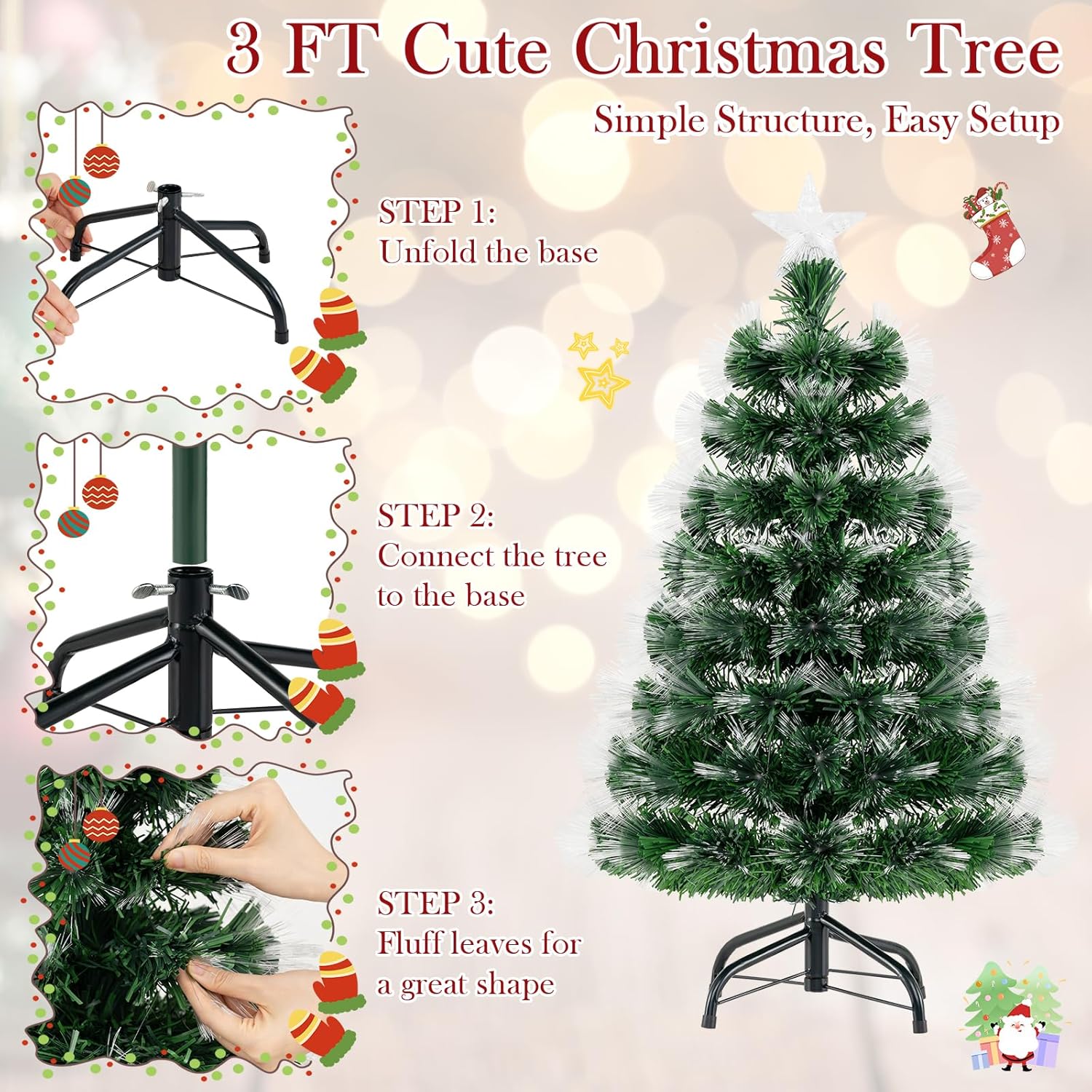 Goplus 3 FT Pre-Lit Fiber Optic Christmas Tree, Artificial Xmas Tree with Slow-Flashing Multicolored Optical Fibers, 96 PVC Branch Tips, Top Star, Foldable Metal Stand, Mini Home Office Decoration