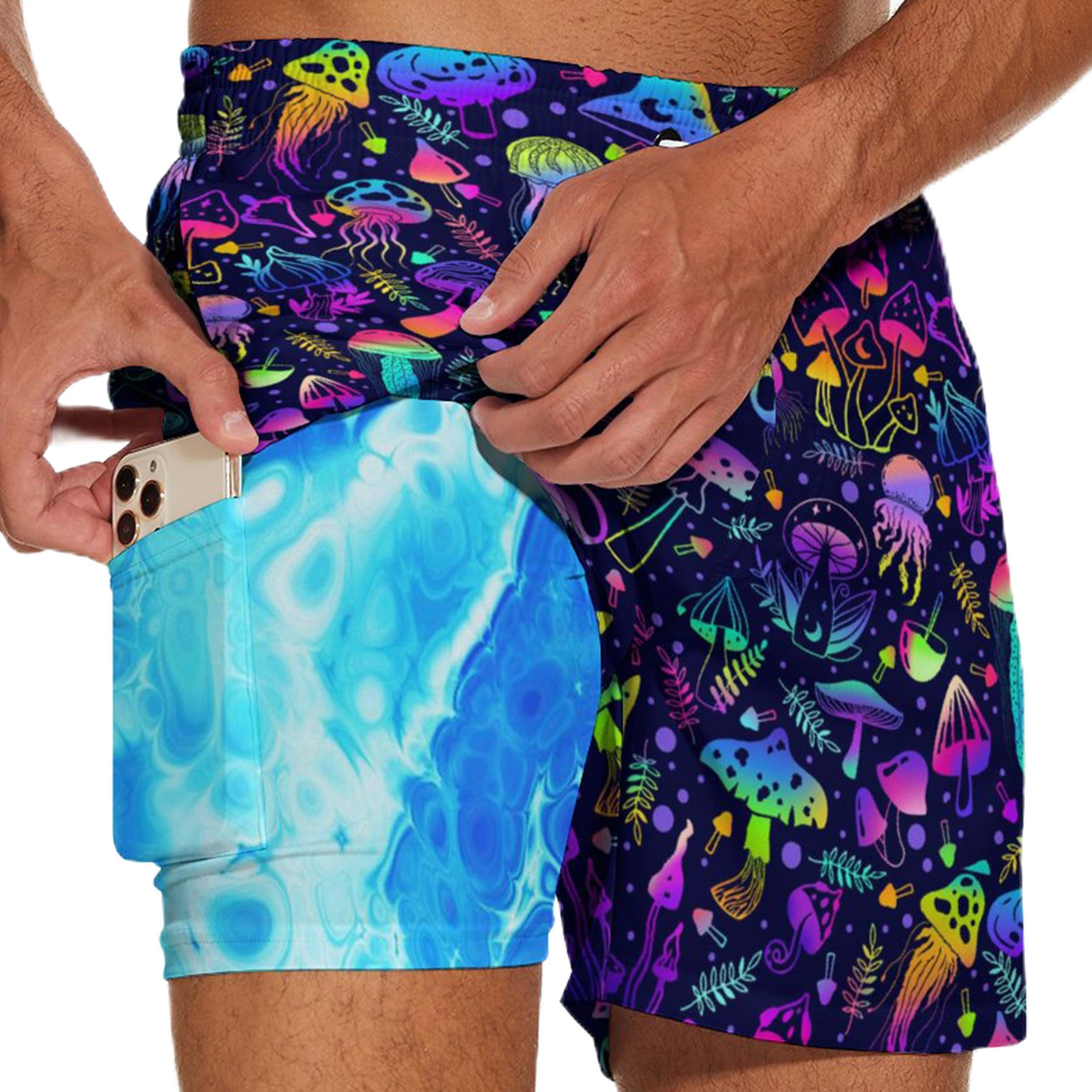 2 in 1 Running Athletic Shorts Men Yoga Workout Biker Casual Summer Shorts, Mushroom-1, Large