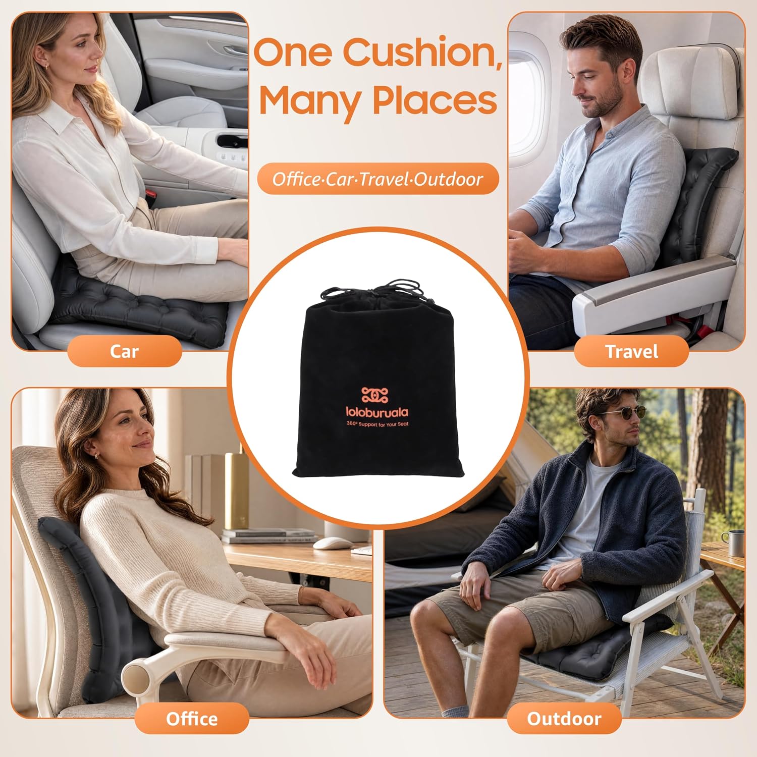 Lumbar Support Pillow, Inflatable Seat Cushion, Lightweight Car Back Cushion, Portable Chair Seat & Back Cushions for Office, Outdoor, Flight, Workplace, Black Stadium Cushions with TPU