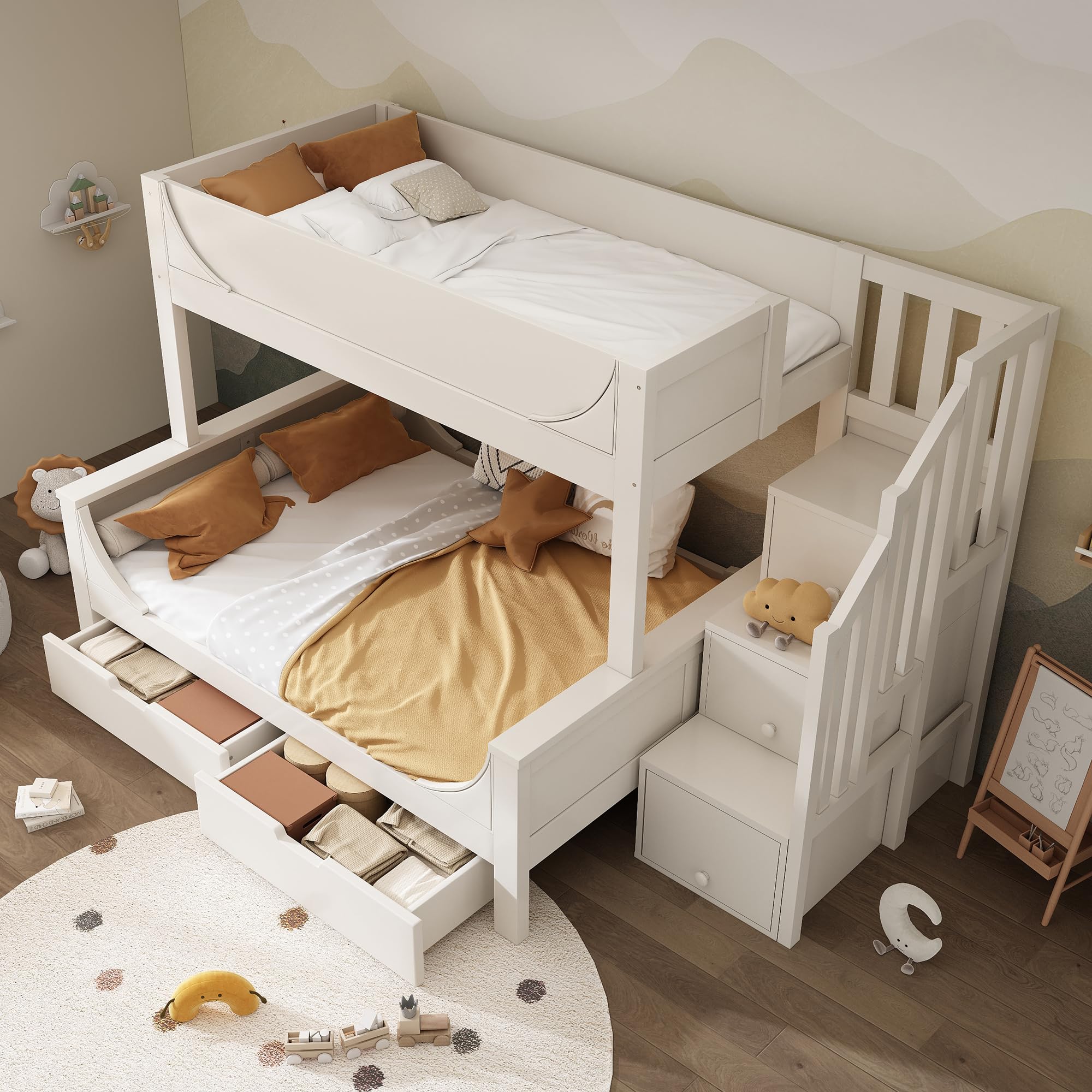 Bunk Beds for Kids, Bunk Bed with Under-bed Storage Drawers, Children's Loft Beds, Double High Sleeper Beds Suitable for Family with Multiple Children, 90/135 * 190cm, White(No Mattress)