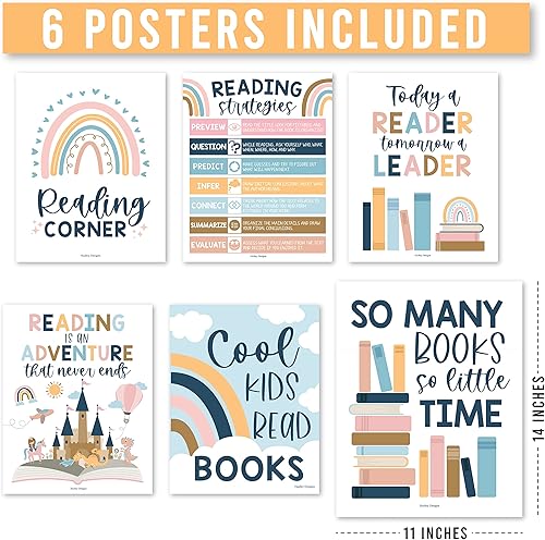 Miniatura 4 de Hadley Designs Carteles de lectura motivacionales para aula primaria 6 estrategias de lectura carteles para decoración de biblioteca de aula,