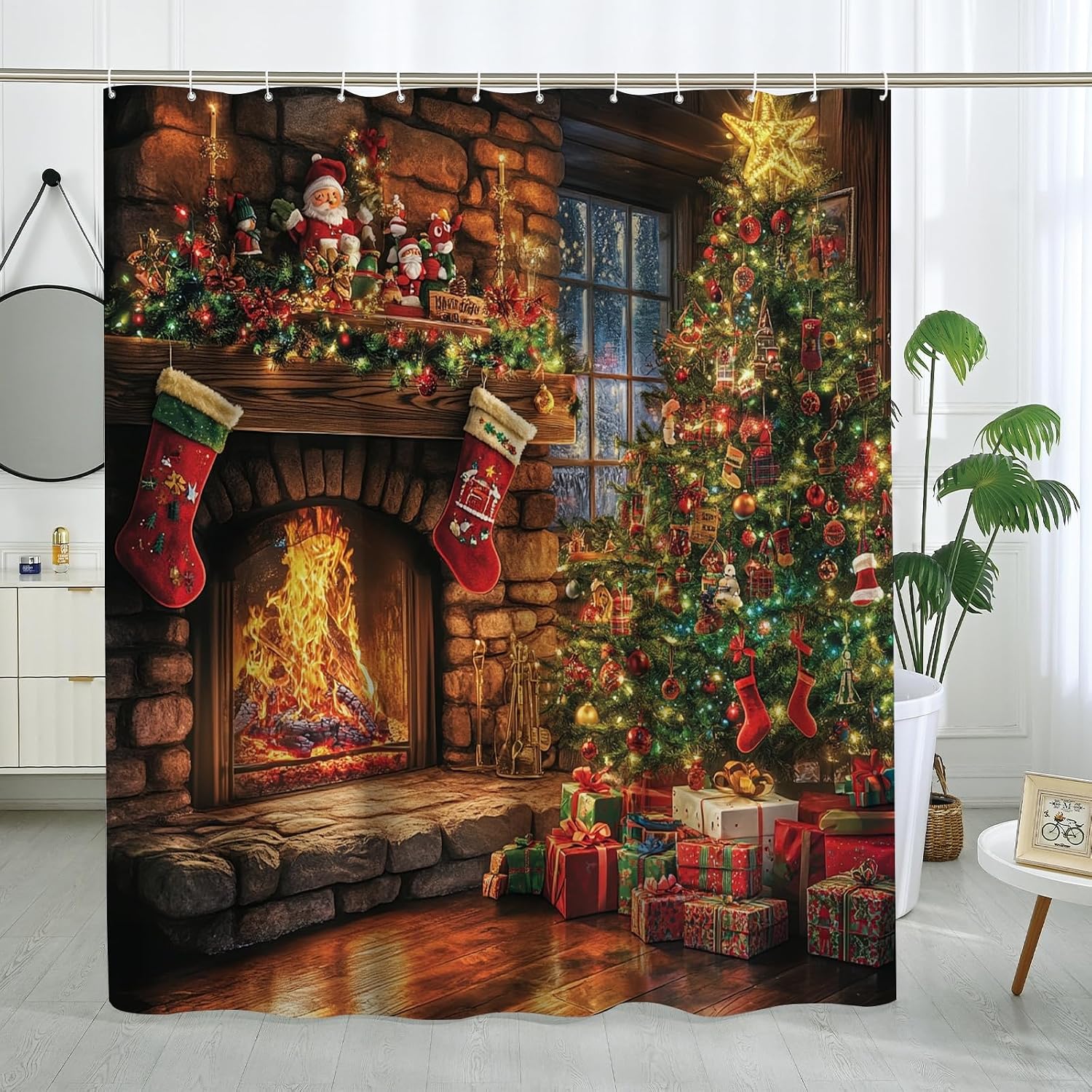 Fun Christmas Tree Shower Curtain Set, Oil Painting Xmas Fireplace Shower Curtain, Holiday Happy Bathroom Accessories, Polyester Fabric Decorative -72''x72''