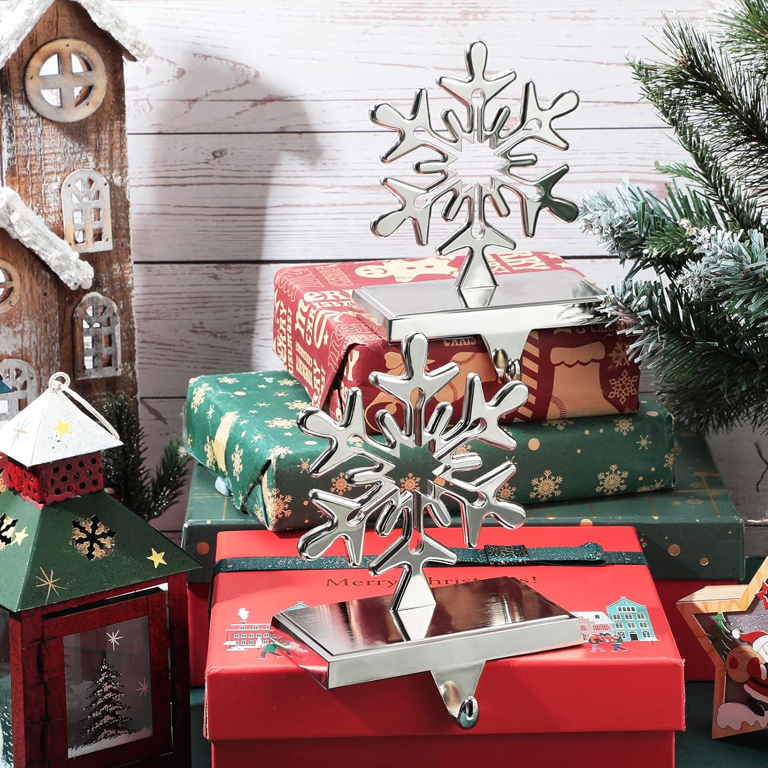 Hotop 2 Pack 3D Christmas Stocking Holders Christmas Chrome Metal Snowflake Weighted for Mantle Silver for Mantel Fireplace Home Decorations Xmas Holiday Party Supplies