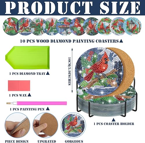 Miniatura 2 de Sliner 10 posavasos de pintura de diamante cardenal de Navidad con soporte para pintura de arte de diamante de pájaro, kit de posavasos